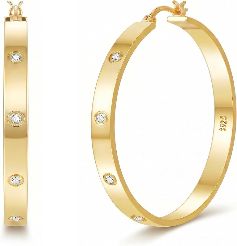 925 Sterling Silver Post 14K Gold Plated Hoop Earrings for Women CZ 30-60MM | 5MM Wide Hypoallergenic Lightweight Large Sparkly Rhinestone Cubic Zirconia Hoops Earrings for Sensitive Ears, Jewelry Gift