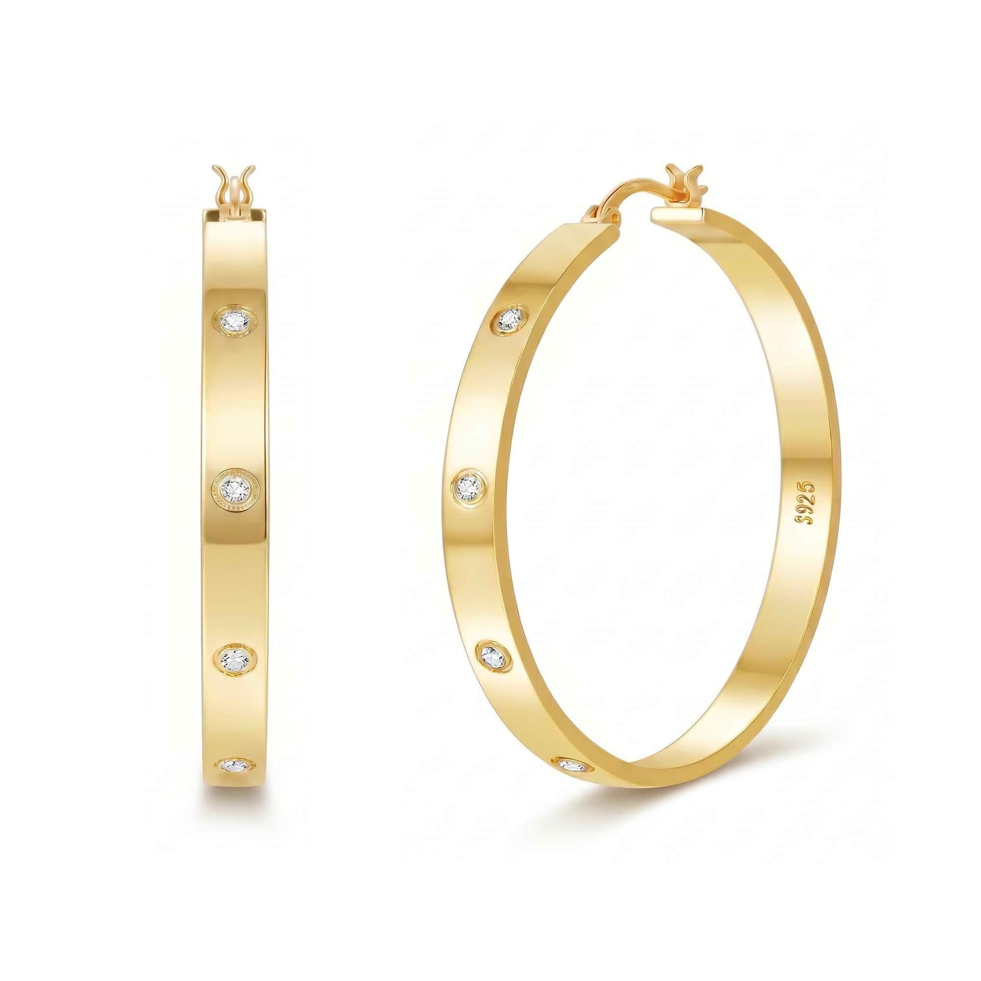 925 Sterling Silver Post 14K Gold Plated Hoop Earrings for Women CZ 30-60MM 5MM Wide Hypoallergenic Lightweight Large Sparkly Rhinestone Cubic Zirconia Hoops Earrings for Sensitive Ears, Jewelry Gift