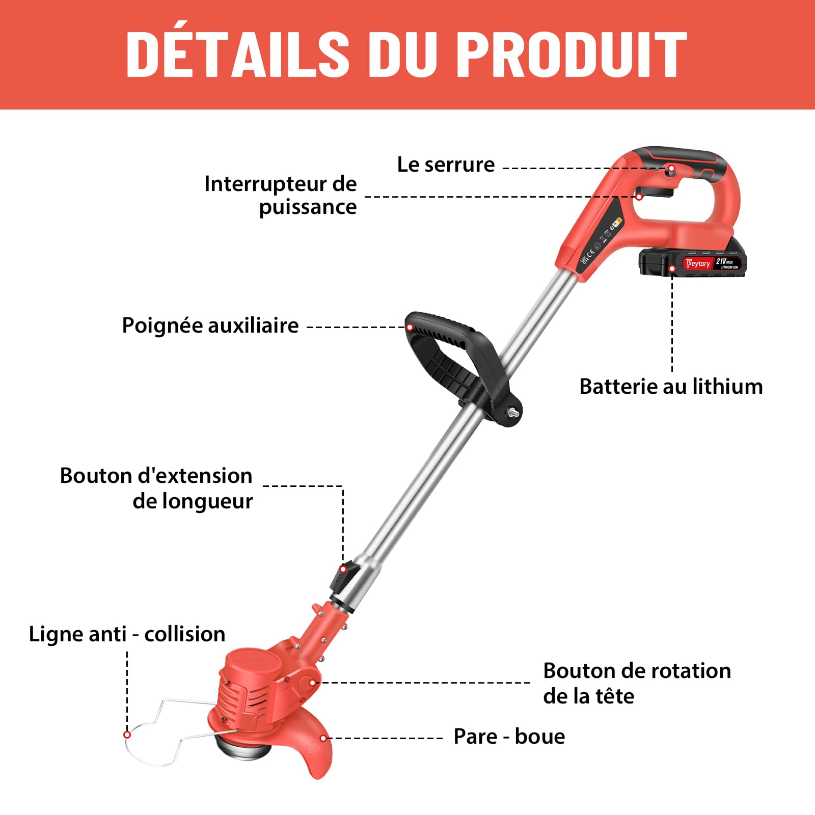 Débroussailleuse Electrique sans Fil, 21V Coupe Bordure avec 2 Batteries et Lames, Débroussailleuse à Batterie pour la Coupe de Jardin, Pelouses et Terres Agricoles (Rouge, avec 2X Batteries)