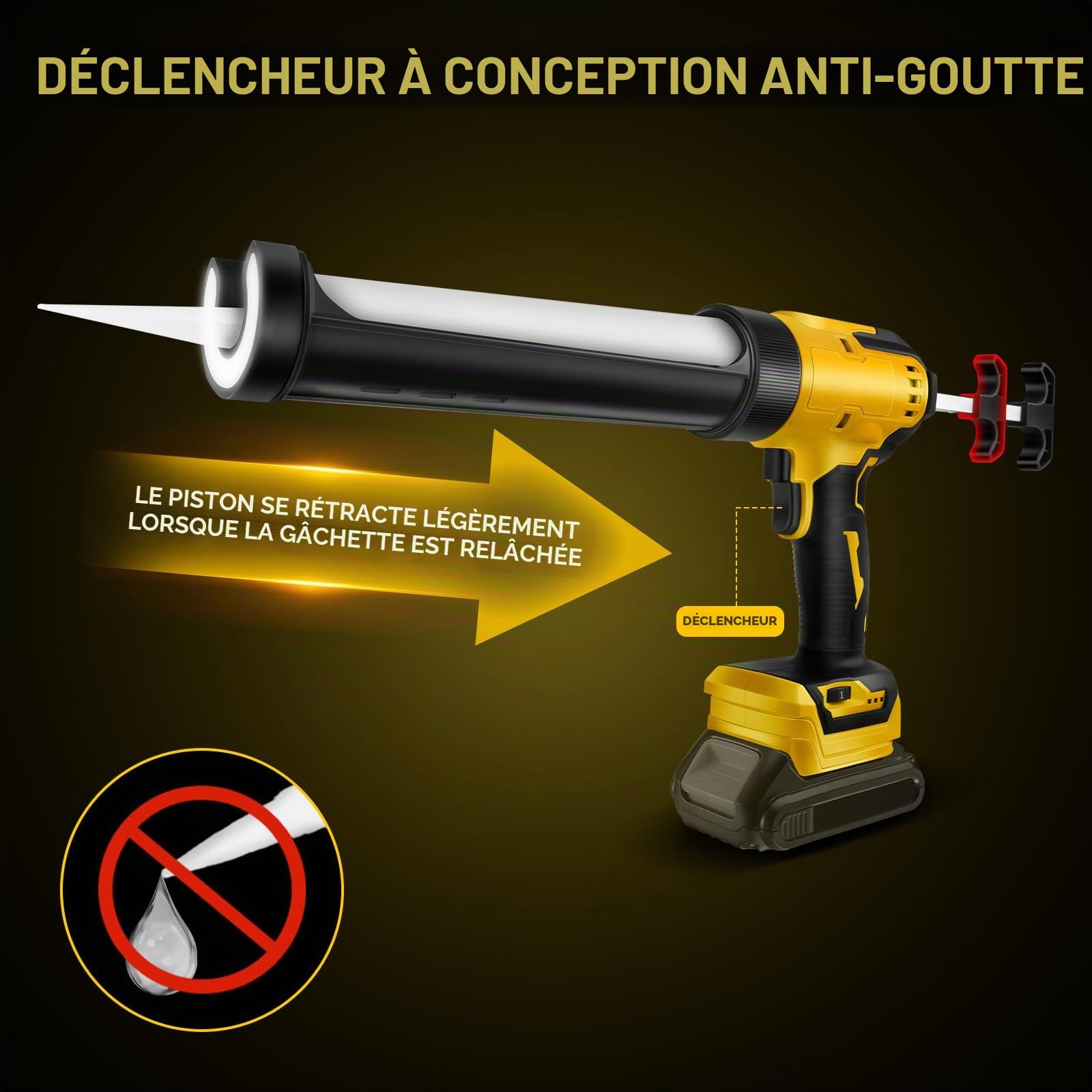 Pistolet à calfeutrer sans fil avec LED pour Dewalt 21V (sans batterie) | Pistolet à mastic électrique, 6 vitesses, affichage numérique, pour cartouche 10oz/300ml