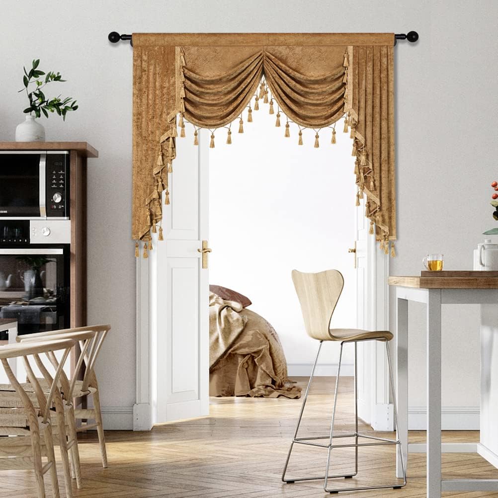 Thick Chenille Window Curtains Valance for Living Room Bronze Waterfall Valance for Bedroom,Rod Pocket (Bronze, W69)