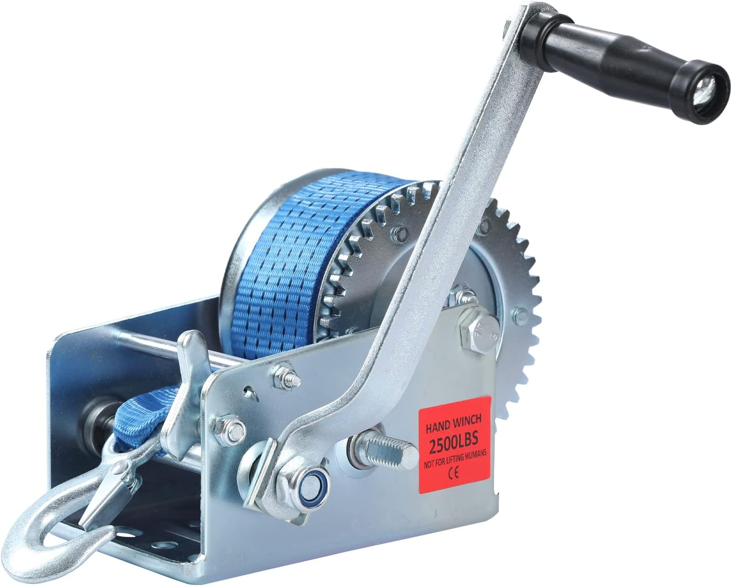Hand Winch Heavy Duty 2500lbs with Strap and Ratchet Handle Hook 2 Gear