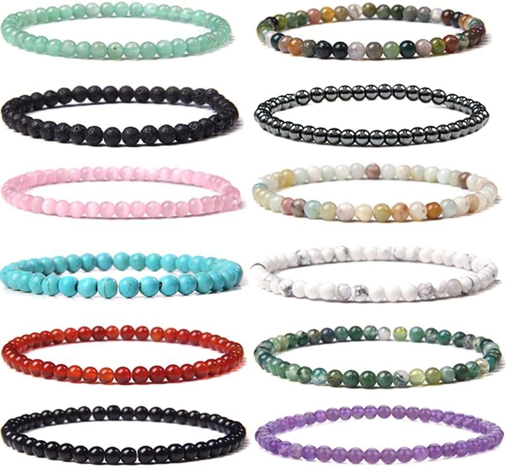 12 Pieces 4mm Mini Gemstone Energy Bracelets Natural Gemstone Handmade Crystal Beaded Power Stretch Bracelet Unisex Couple Bracelets