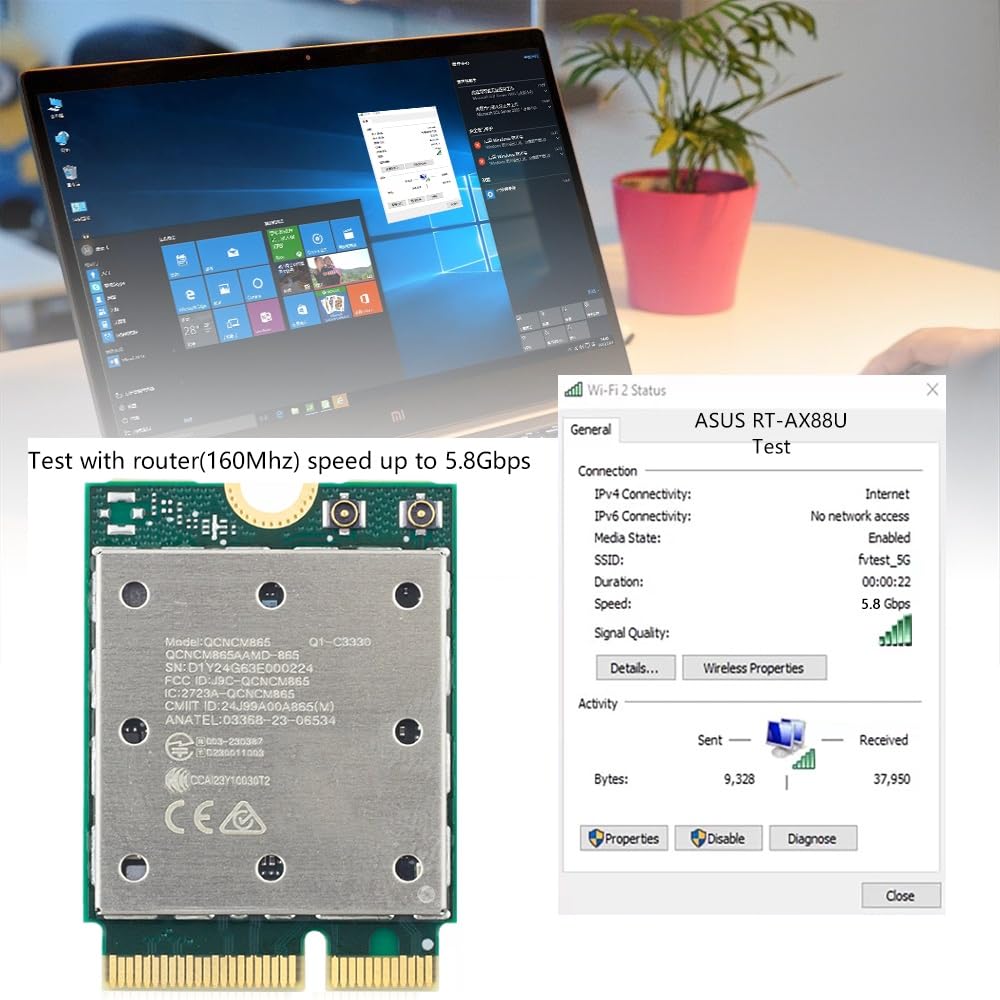 Karta WiFi 7 QCNCM865-5800Mbps M.2 Key E Tri-Band (2,4 G/5G/6 GHz) z 4K-QAM i BT 5.3, dla płyt głównych Intel, AMD, zoptymalizowana dla Windows 11 - karta sieciowa o bardzo niskim opóźnieniu