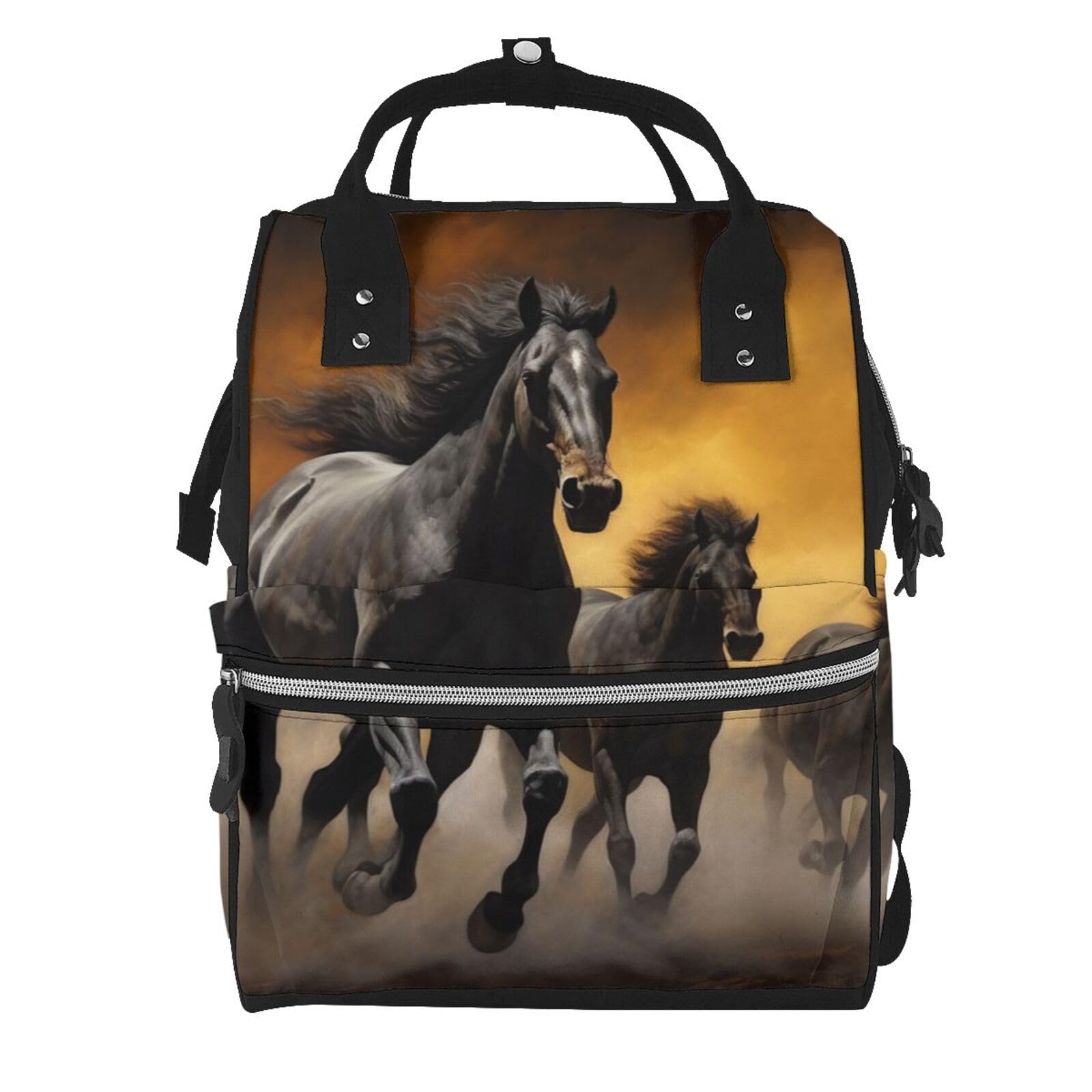 Sac à dos à langer multifonction avec matelas à langer et porte-tétine - Motif chevaux noirs