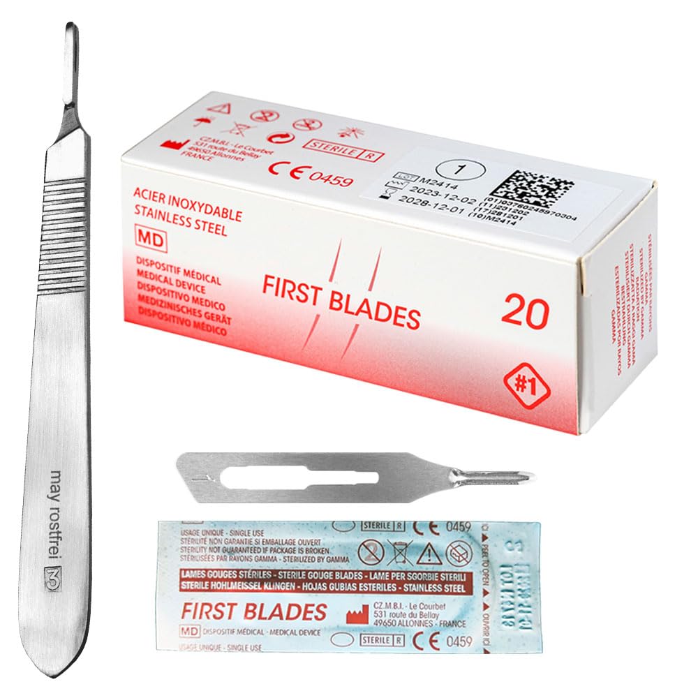 Juego de 25 cuchillas de cincel hueco, figura 1, envasadas individualmente estériles + 1 x May - Soporte para bisturí con mango plano - acero inoxidable
