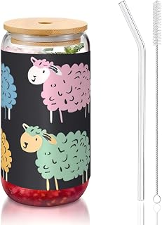 Vasos de cristal con diseño de dibujos animados de ovejas coloridas con tapas de bambú y popotes, taza de café, tazas en forma de lata, vasos, cócteles, transparentes