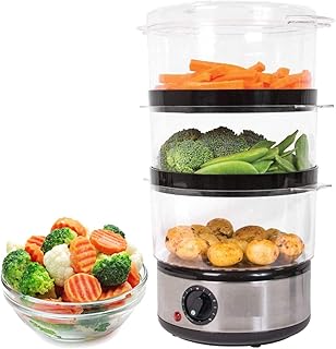 Almineez Electric 3 Tier Food Steamer - 6L - 3 Removable Stacking Compartments with Rice Bowl & 60 Minute Timer - Healthy Kitchen Cooking - Vegetables Meats Fish Meal- 400W