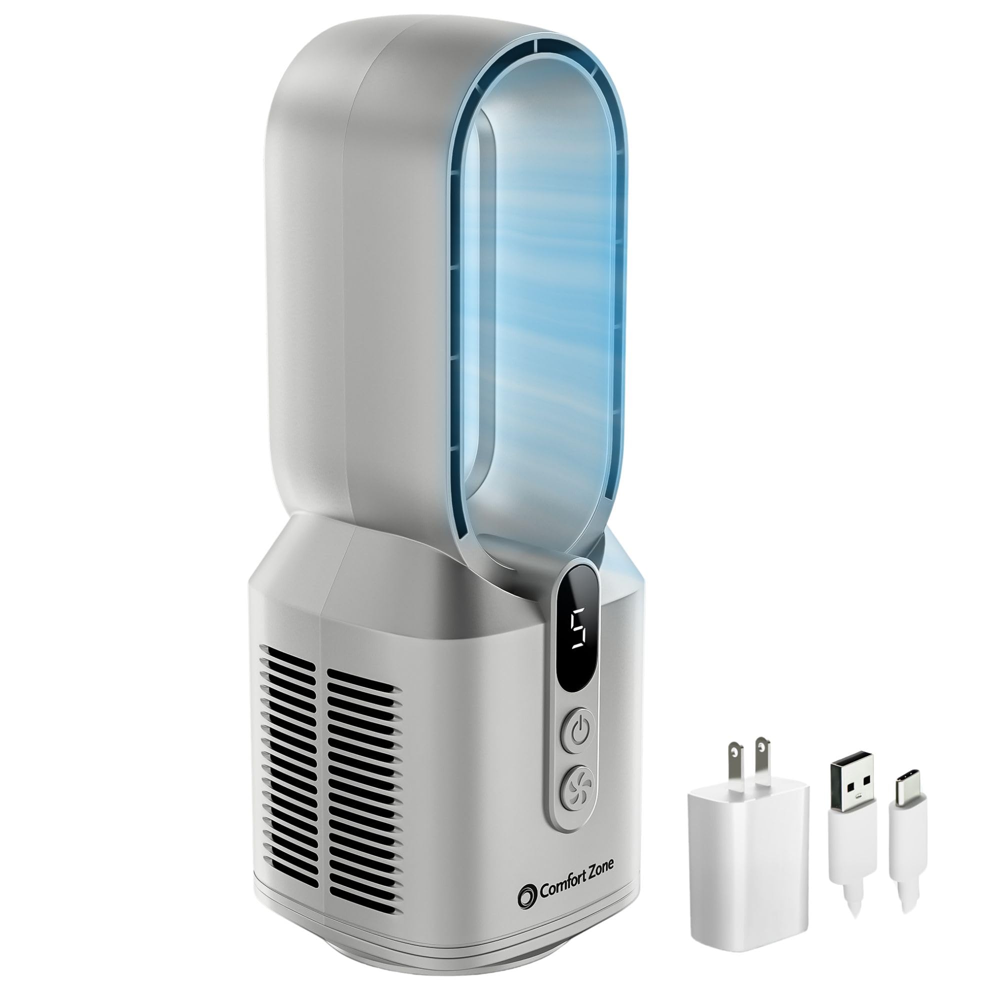 Comfort Zone 14-Inch Rechargeable Bladeless Tabletop Fan with 5 Speeds, Display Screen, Non-Slip Feet, Quiet Operation – Portable Personal Fan for