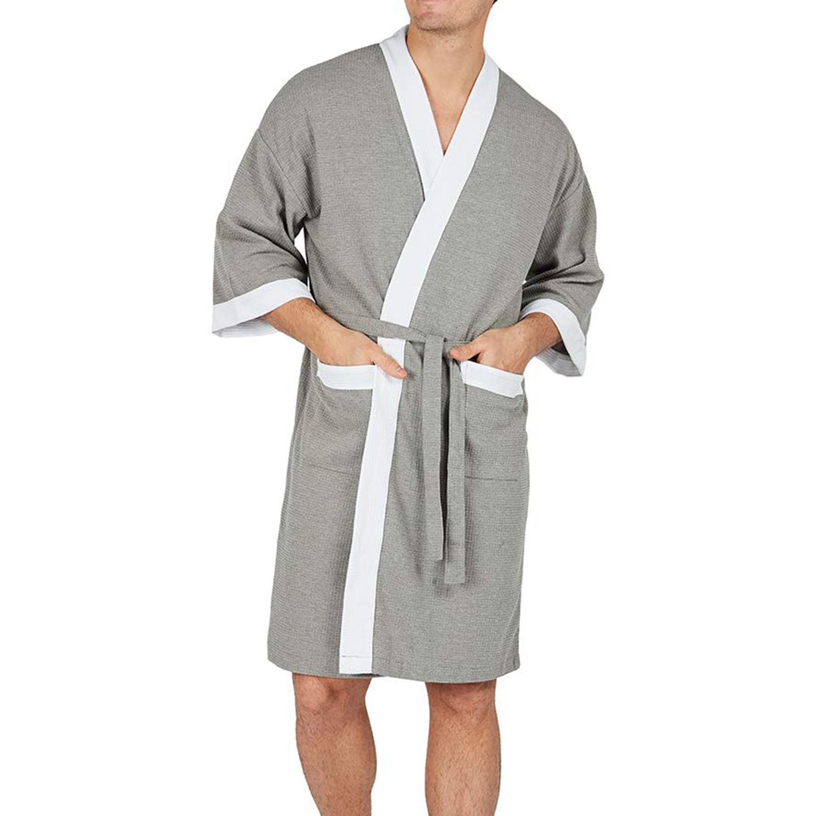 Cretuao Men's Gray White Summer Dressing Gowns Lightweight, 100% Cotton Dry Kimono Robe For Waffle Towelling Bathrobes Fluffy House Coat,,Xl