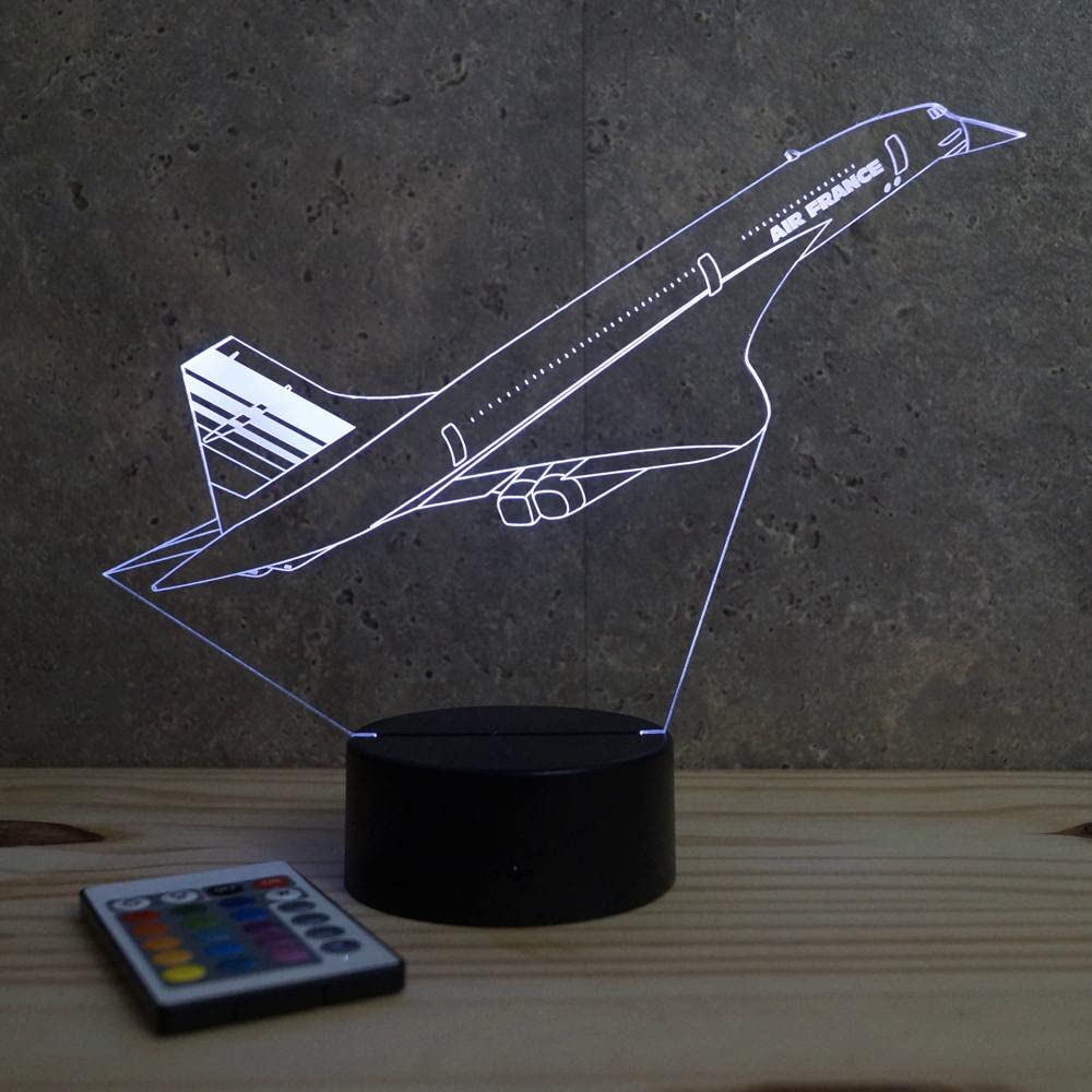 Lampe LED 3D Concorde – Veilleuse 16 Couleurs + Télécommande – Cadeau Passion Aviation & Avion Supersonique – Décoration Aéronautique – Fabrication Française Artisanale