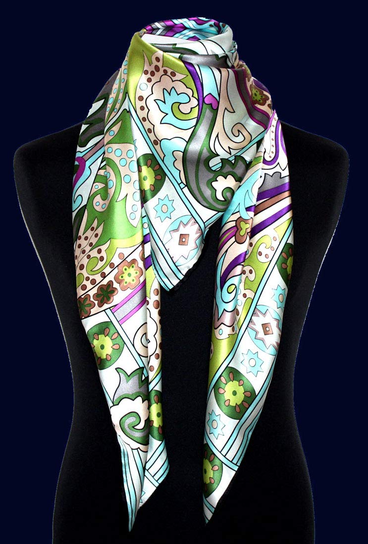 LORENZO CANA - Panno di seta da donna, 100% seta, XL, in raso di seta, 110 cm x 110 cm, con stampa multicolore Grün-türkis-violett 110 x 110 cm