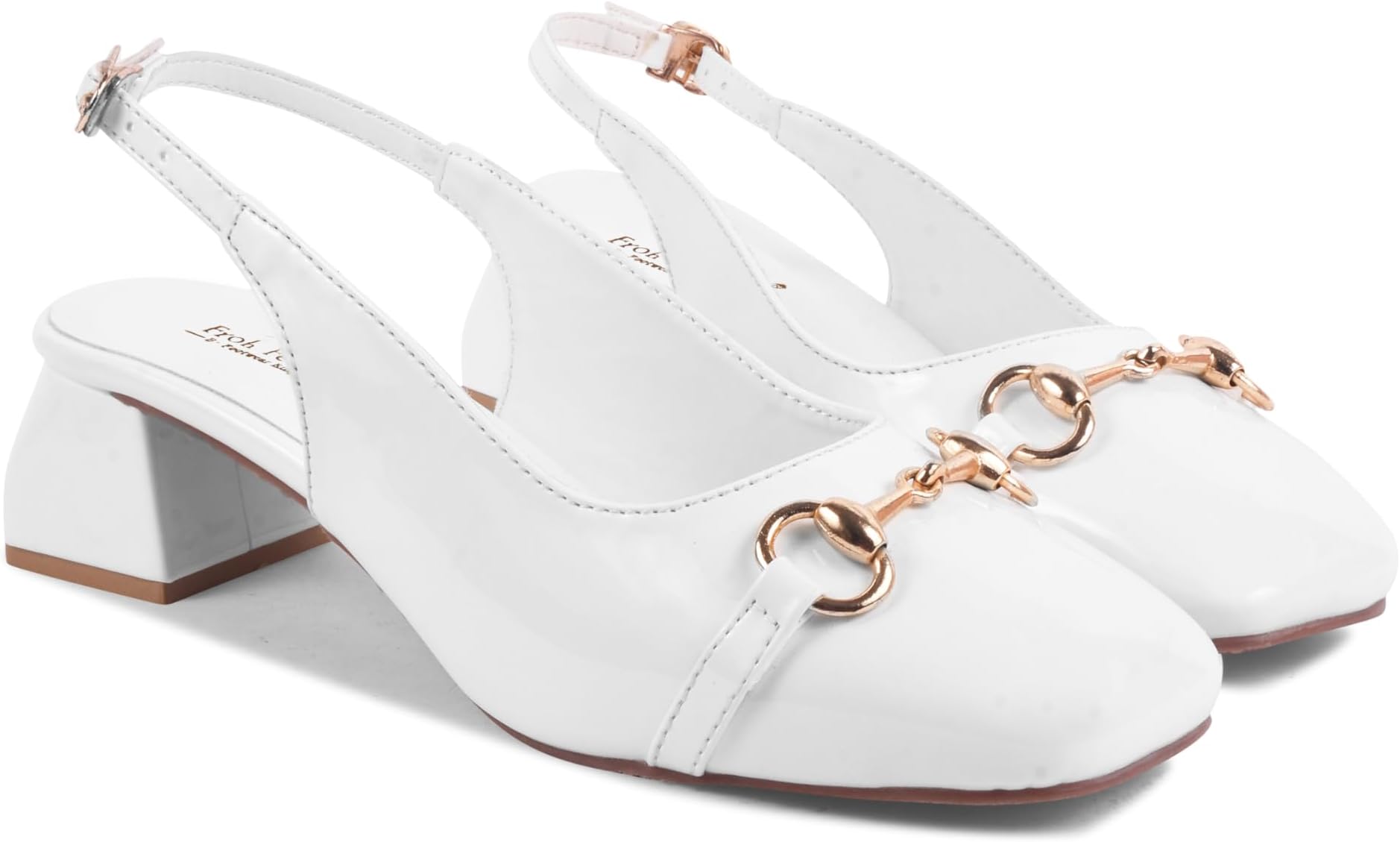 FROH FEET Women's Chunky Block Heel Sandal Sligback Open Back Closed Square Toe Embellished Glossy Upper Wedding Dress Shoes Casaul