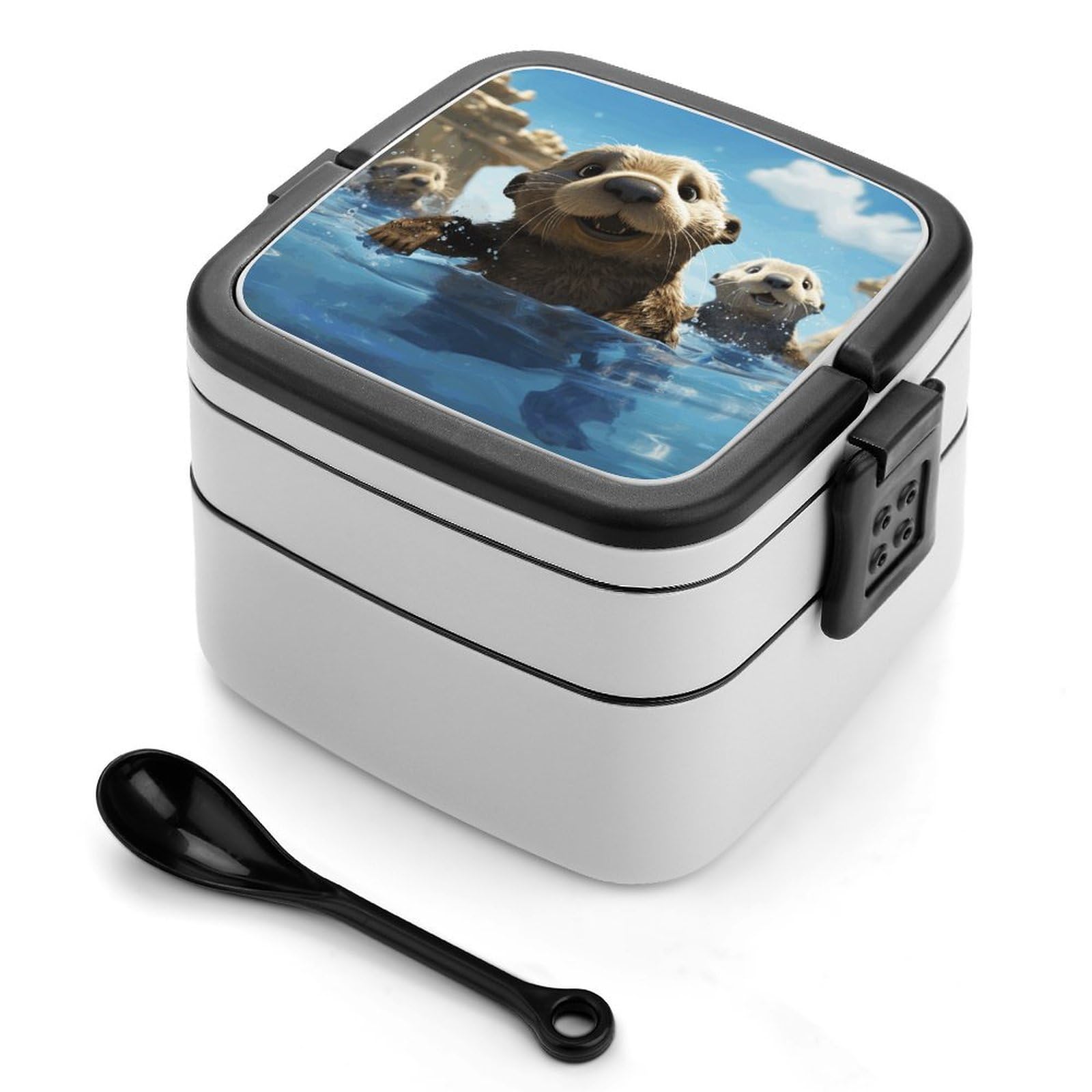 VstaDank Lovely Sea Otter Print Bento Box Portable Adult Lunch Box with 2 Layer&Spoon Reusable Insulated Lunchbox Large Food Containers Leak Proof Lunch Containers for Work Camping Meal Prep