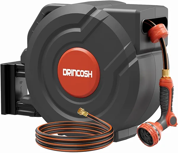 Upgraded Retractable Garden Hose Reel 5/8 in x 90 ft PRO 180° Swivel Metal Bracket Automatic Retract Heavy Duty Hose Reels Wall Mount Any Length Lock 9 Pattern Nozzle Garden Watering