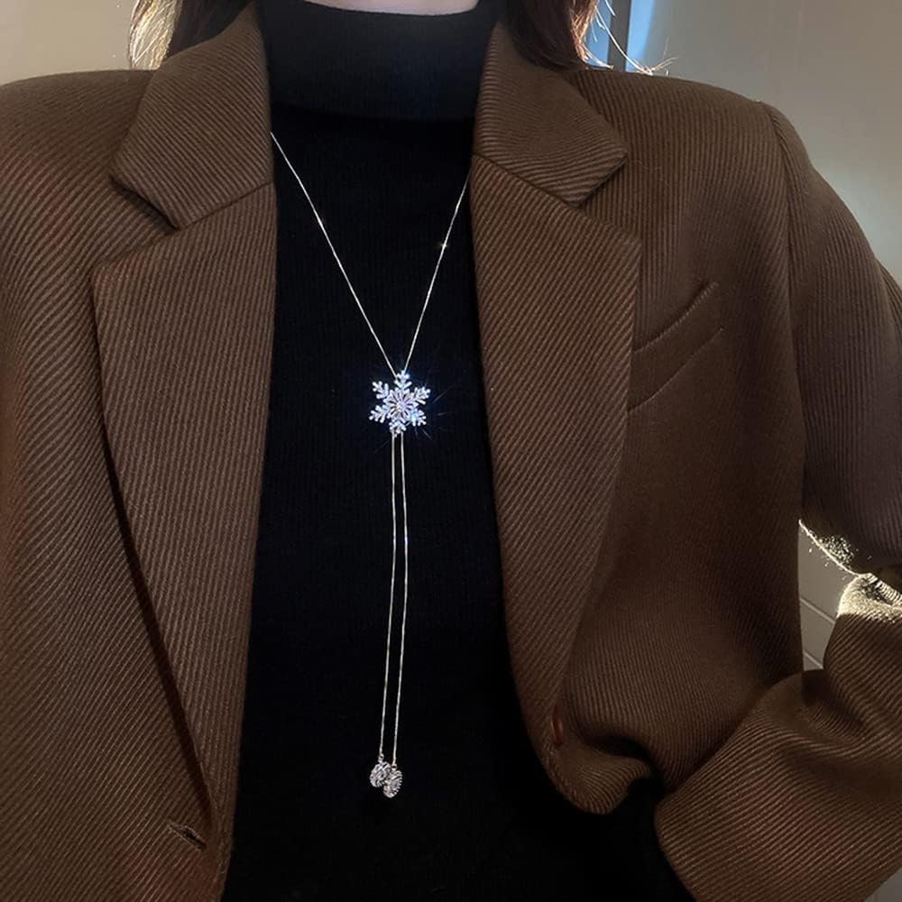 Jumwrit Silver Snowflake Necklace Long Sweater Chain Silver Y Necklace Flower Pendant Necklace Statement Women Necklace Elegant Jewelry for Party Wedding - Image 3