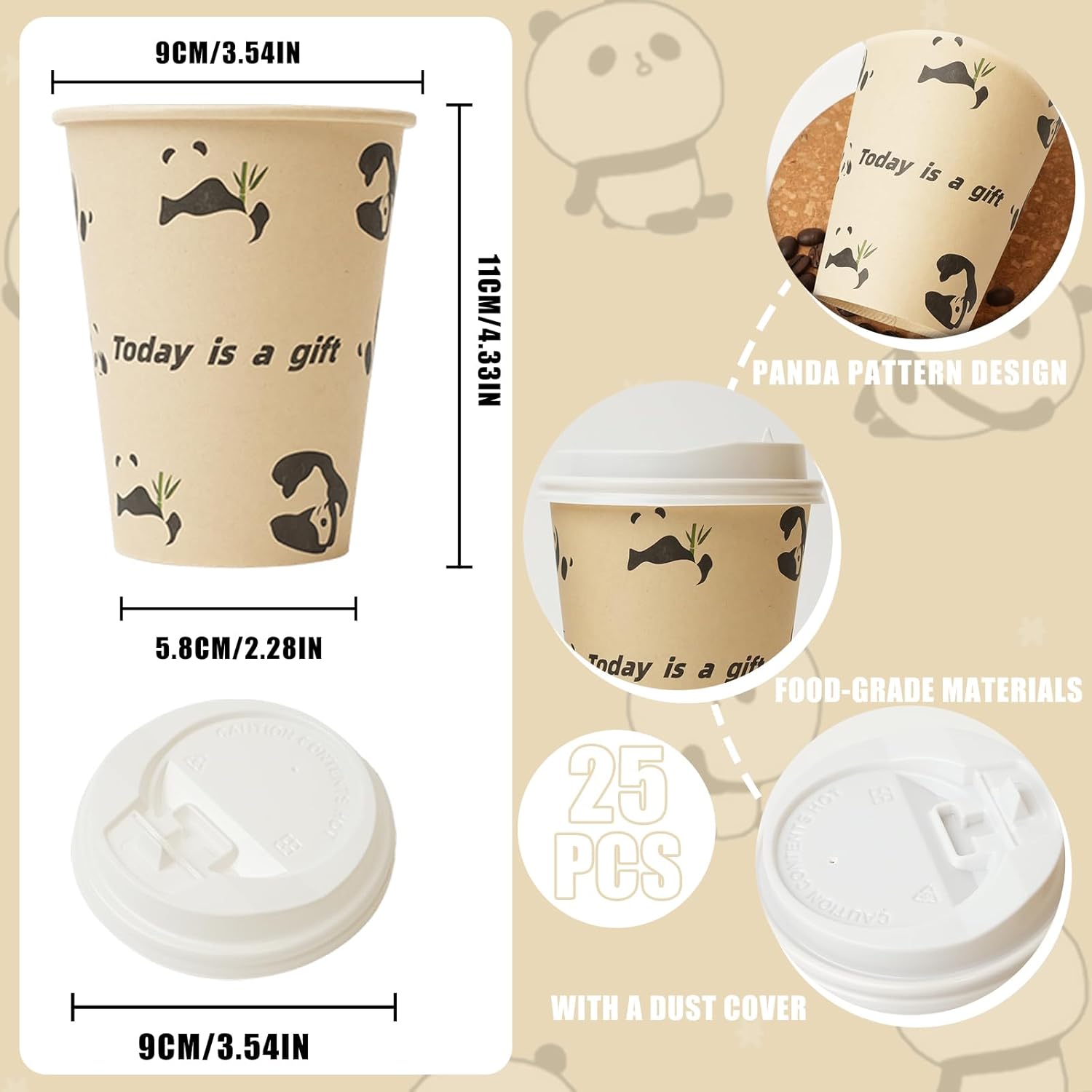 12 OZ 25 Pack Disposable Cups Paper Coffee Cups with Lids, Disposable Paper Cups for Cold/Hot Drinks, Leak-Proof To Go Drinking Cups for Office Party Home Picnic & Travel (Panda) - Image 3