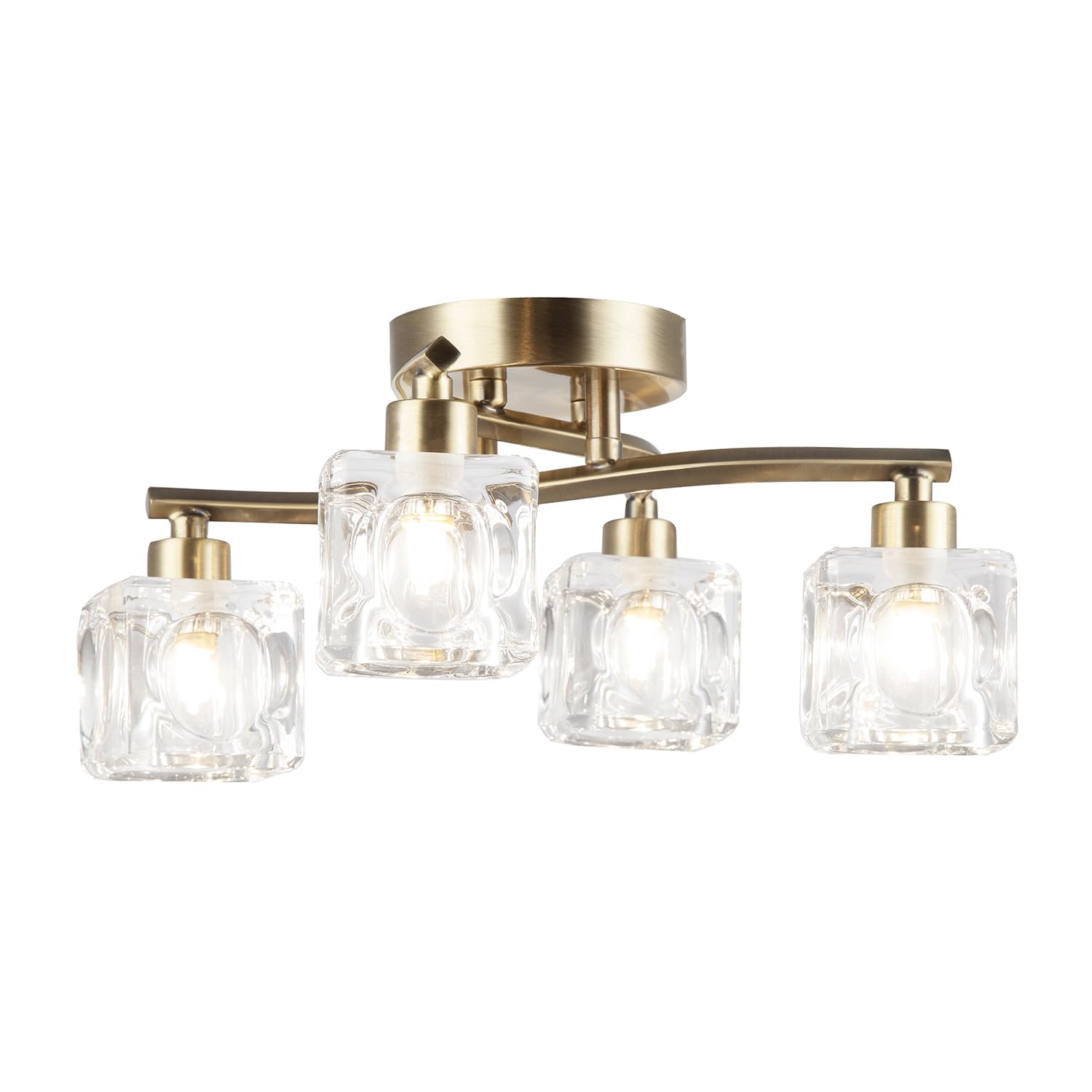 Happy Homewares Light Modern Antique Brass 4-Bulb Ceiling With Square Clear Ice Cube Shades