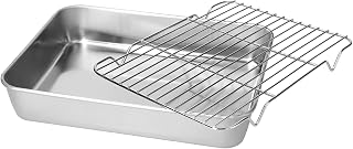 Roasting Pan and Rack Set, Stainless Steel Rectangular Meatloaf Pan with Drain Tray Turkey Baking Sheet Roasting Pan with Rack for Cooking Baking (23.5 * 17.5 * 5CM)