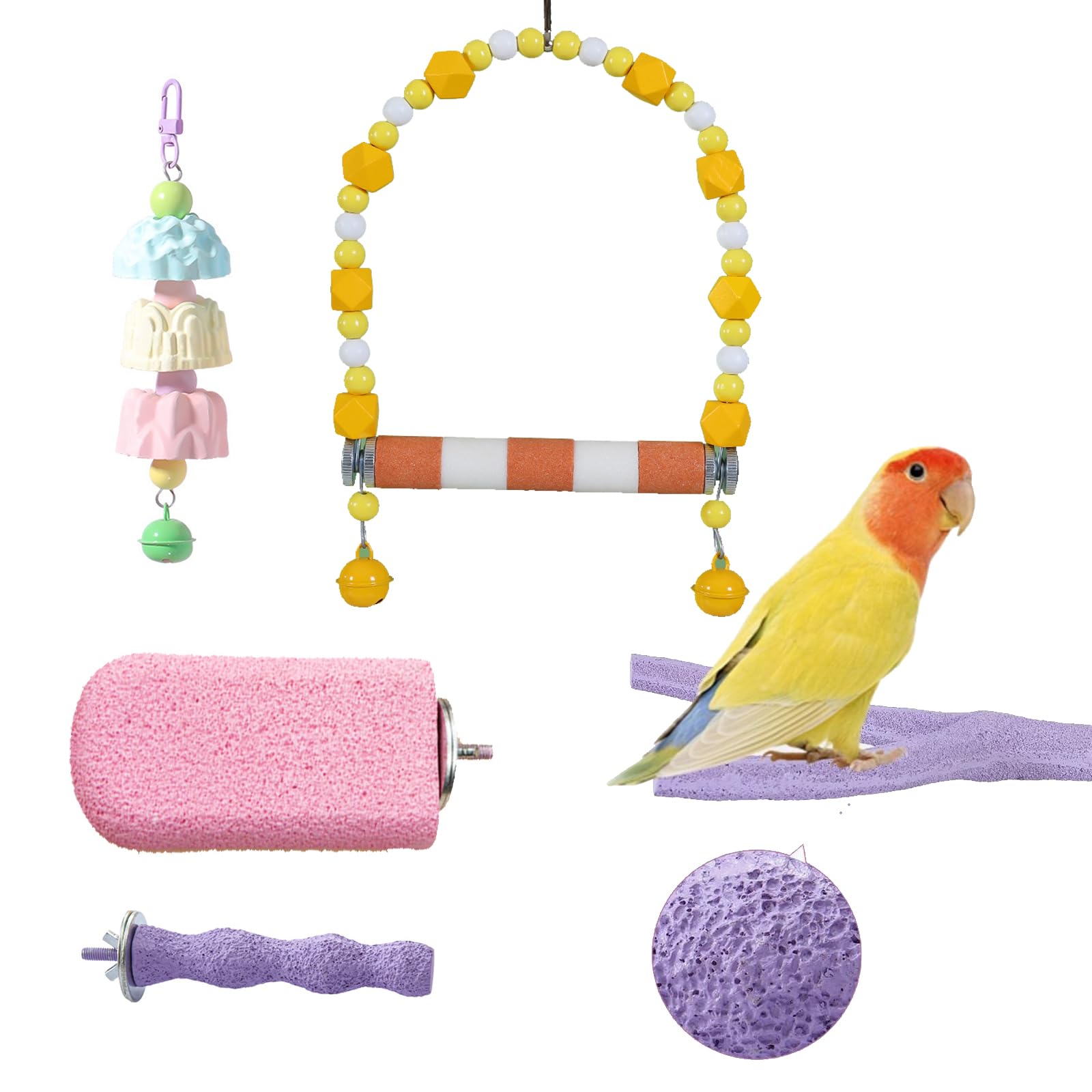 Lot de 5 perchoirs pour oiseaux, bâtons de meulage en calcium pour perroquet, balançoire, tondeuse à pattes pour perruches, calopsittes, petits oiseaux