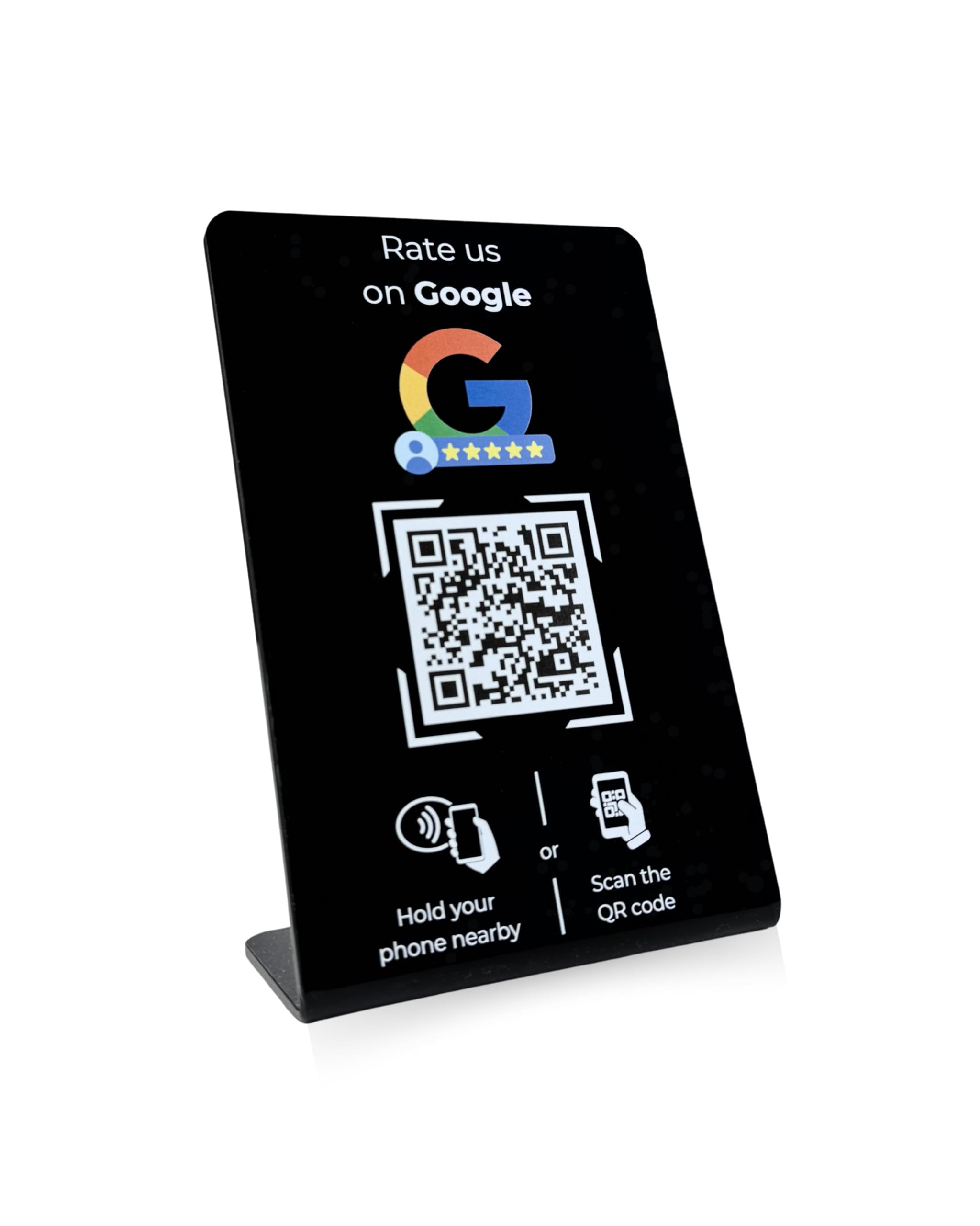 Aufsteller für Google Bewertungen mit QR-Code und NFC-Chip (Englisch) 16,5 x 10,5 cm - schwarz
