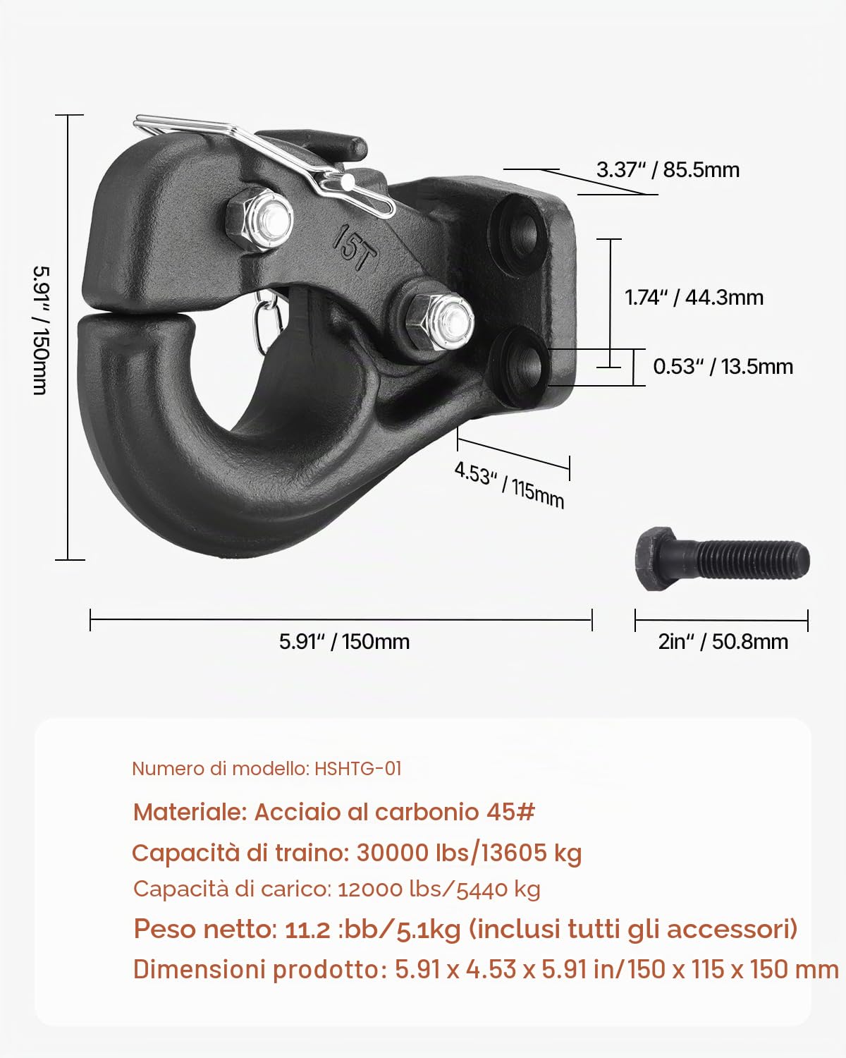 VEVOR Gancio a Perno 13605 kg Gancio di Traino Adatto per Anello a Lunetta da 63,5 a 76,2 mm con Kit di Montaggio, Adesivi di Avvertimento Fosforescenti, Verniciatura a Polvere Nera, per Vari Veicoli