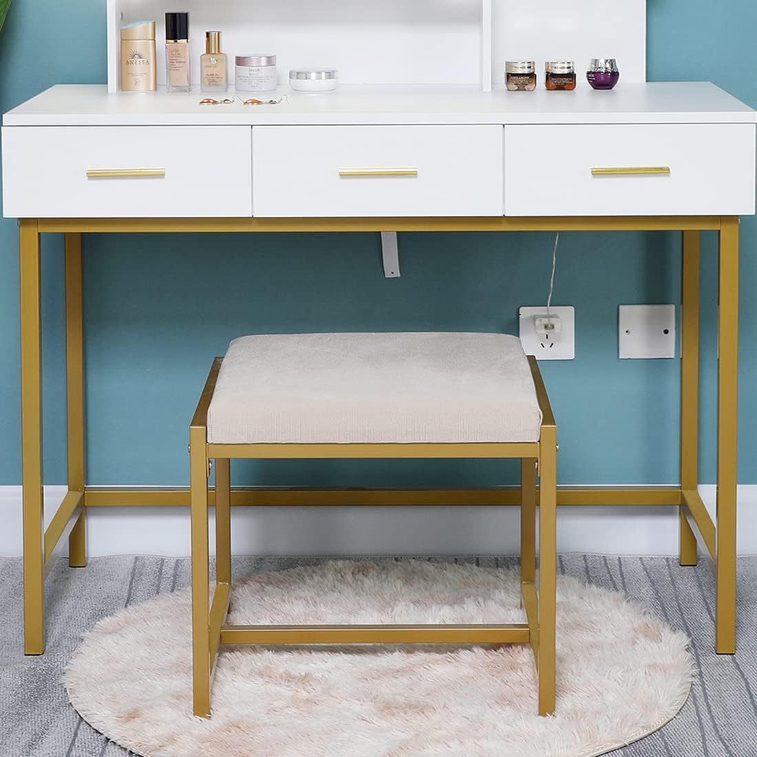 Iwell Vanity Stool with Metal Legs, Vanity Chair for Makeup Room, Vanity Bench with Cushion for Women, Girl, Wife, Mother, Capacity 330lb, Easy Assembly : Home & Kitchen