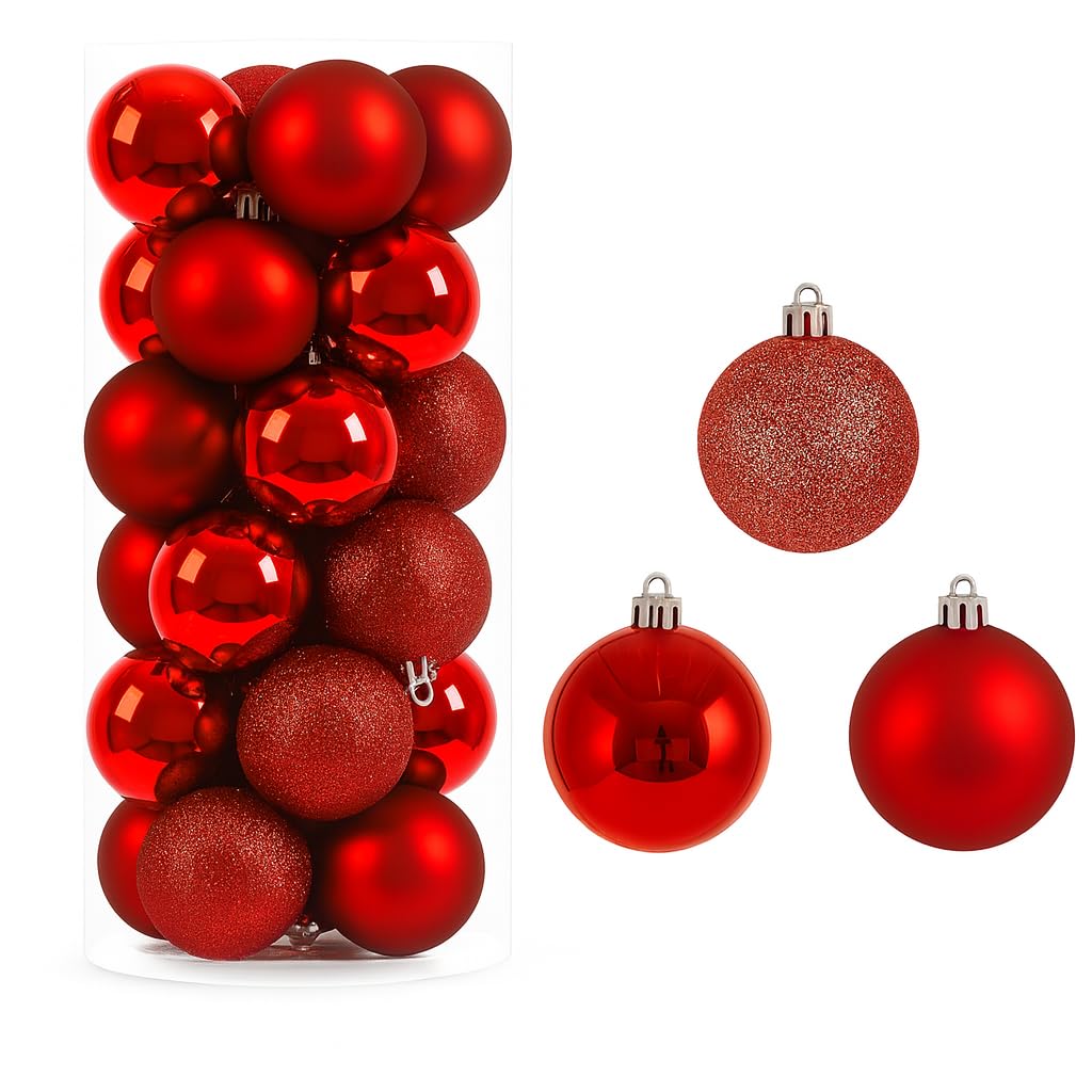 24 Pack Red Christmas Baubles 6cm – Shiny, Matt & Glitter Tree Decorations – Luxury Shatterproof Plastic Xmas Baubles for Christmas Tree, Wreaths, Garland & Home Décor
