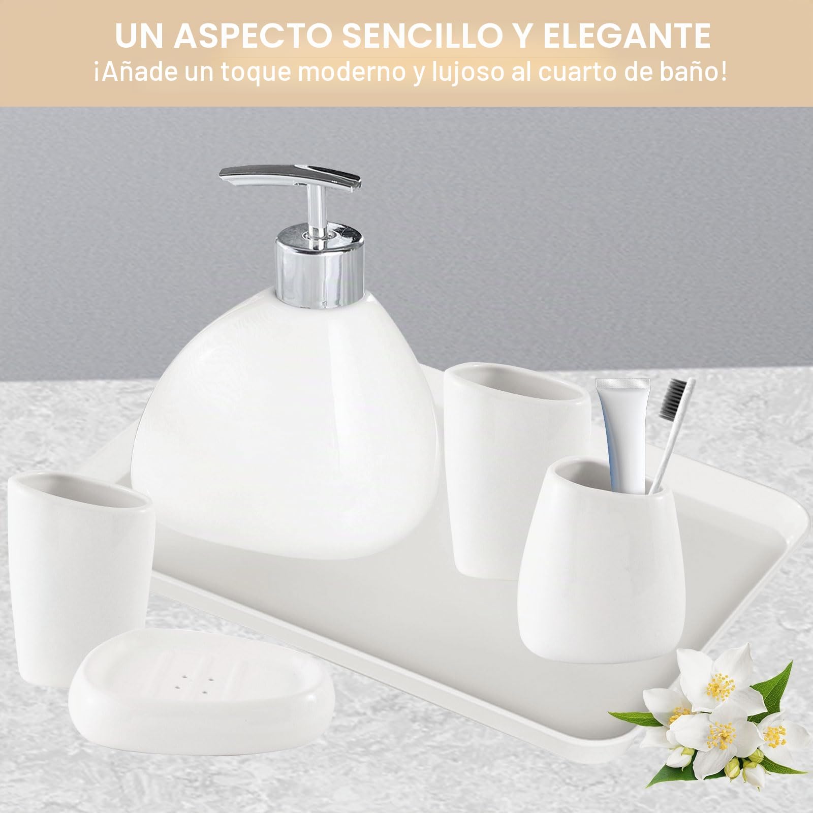 Qivine 6Pcs Accesorios Baño Jabonera Set de Juego, Cerámica Soporte para Cepillo de Dientes y Bandeja de Plástico, Dispensador de Jabon para Cocina, Dormitorio