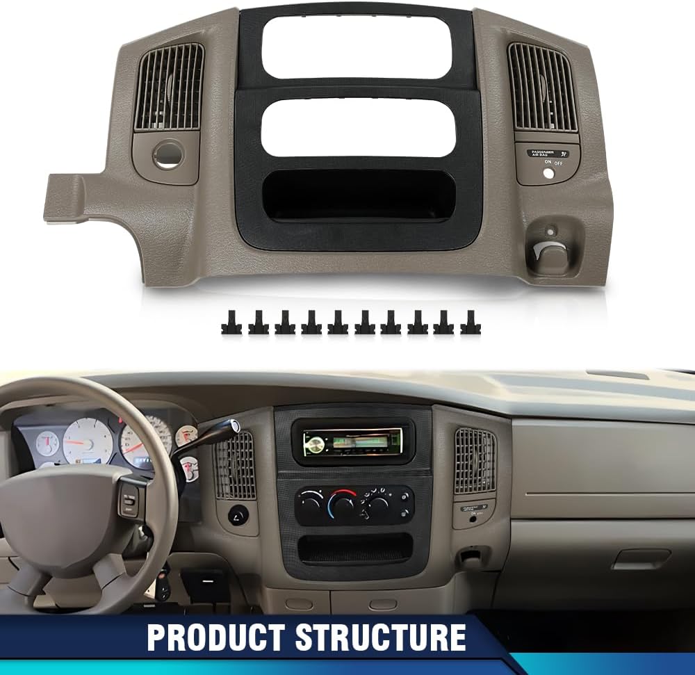 PIT66 Dash Center Radio Bezel Trim Panel w/Storage Box&Switch Hole Air Vent Compatible with Dodge Ram 1500 2002-2005/Fit Dodge Ram 2500 3500 2003-2005 Solid Beige