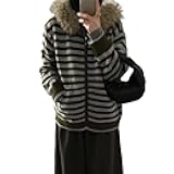 Fur Knit Sweater Y2k Emo 2000s Hoodie Women Vintage Streetwear Teen Girls Grunge Striped Cute Hoodies