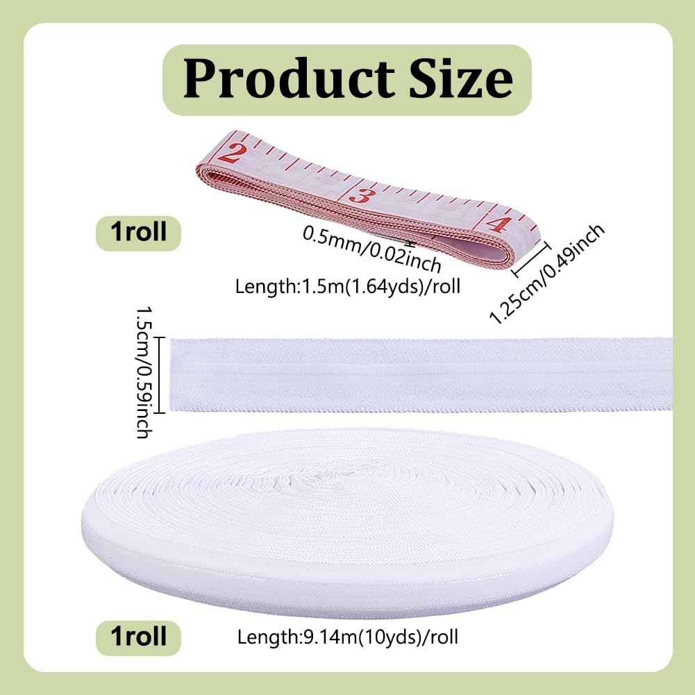 NBEADS 10 Yards Silicone Gripper Tape, 0.59 Inch Wide Non-Slip Stretchy Silicone Backed Elastic Band with 1 Roll PU Iron Soft Tape Measure for Bras Swimwear Dress Costume Making, White