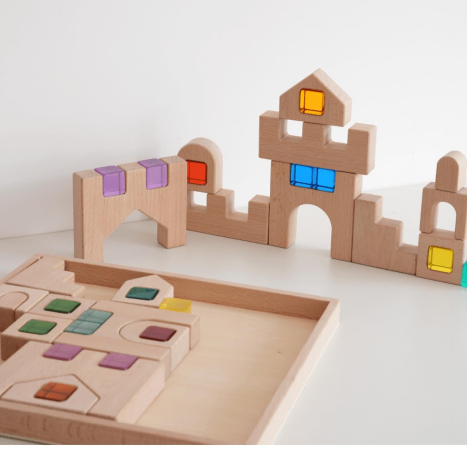 Kinder Lernbaustein Holzpuzzle Bausteinspiel Steckspiel Formensortierer Pädagogisches Spielzeug aus Buchenholz mit, Buchenholzschloss