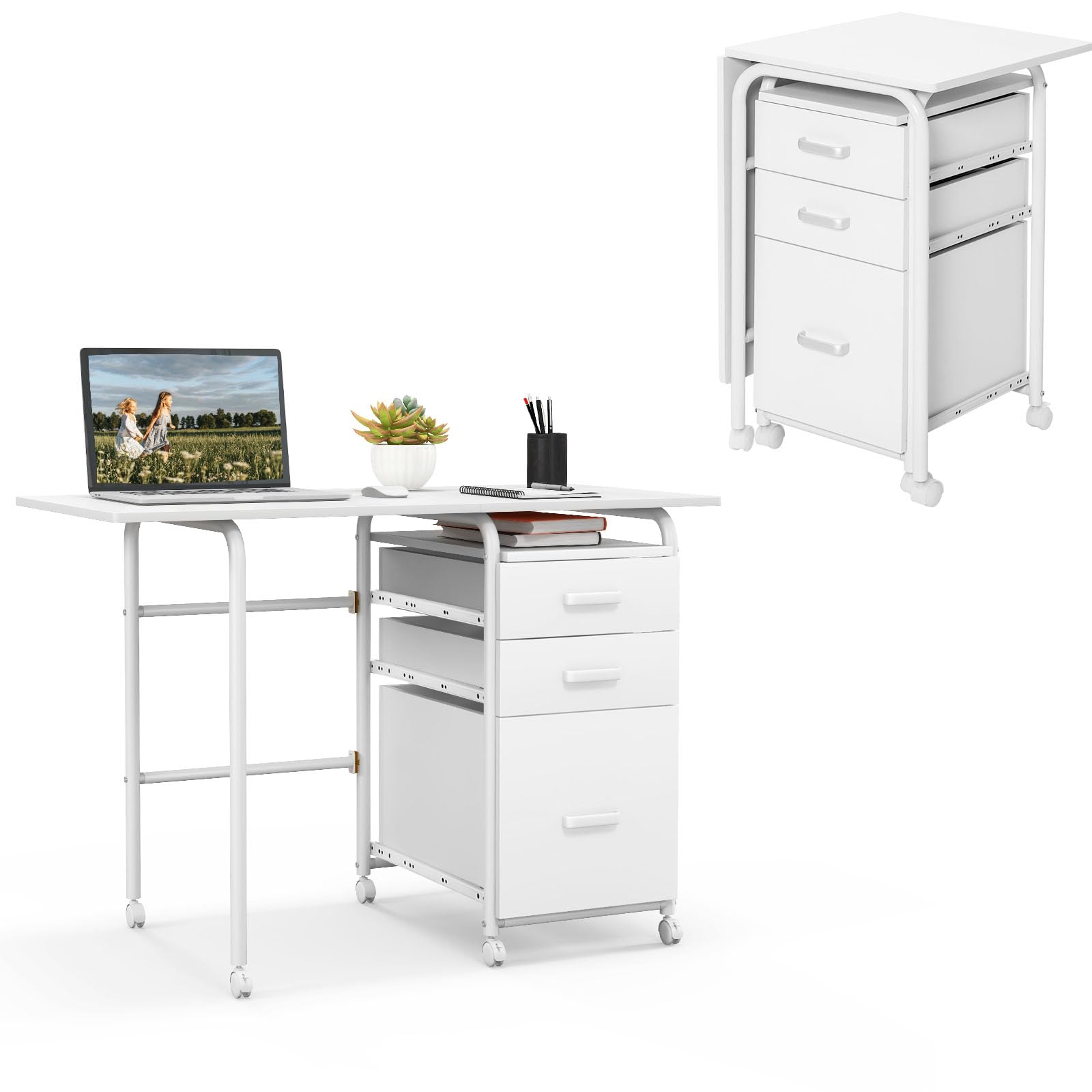 LIFEZEAL Escritorio Plegable, Escritorio de Trabajo con cajones y Ruedas, Mesa de Ordenador Multifuncional con Estructura metálica, Escritorio con archivadores para Estudio, Oficina (Blanco)