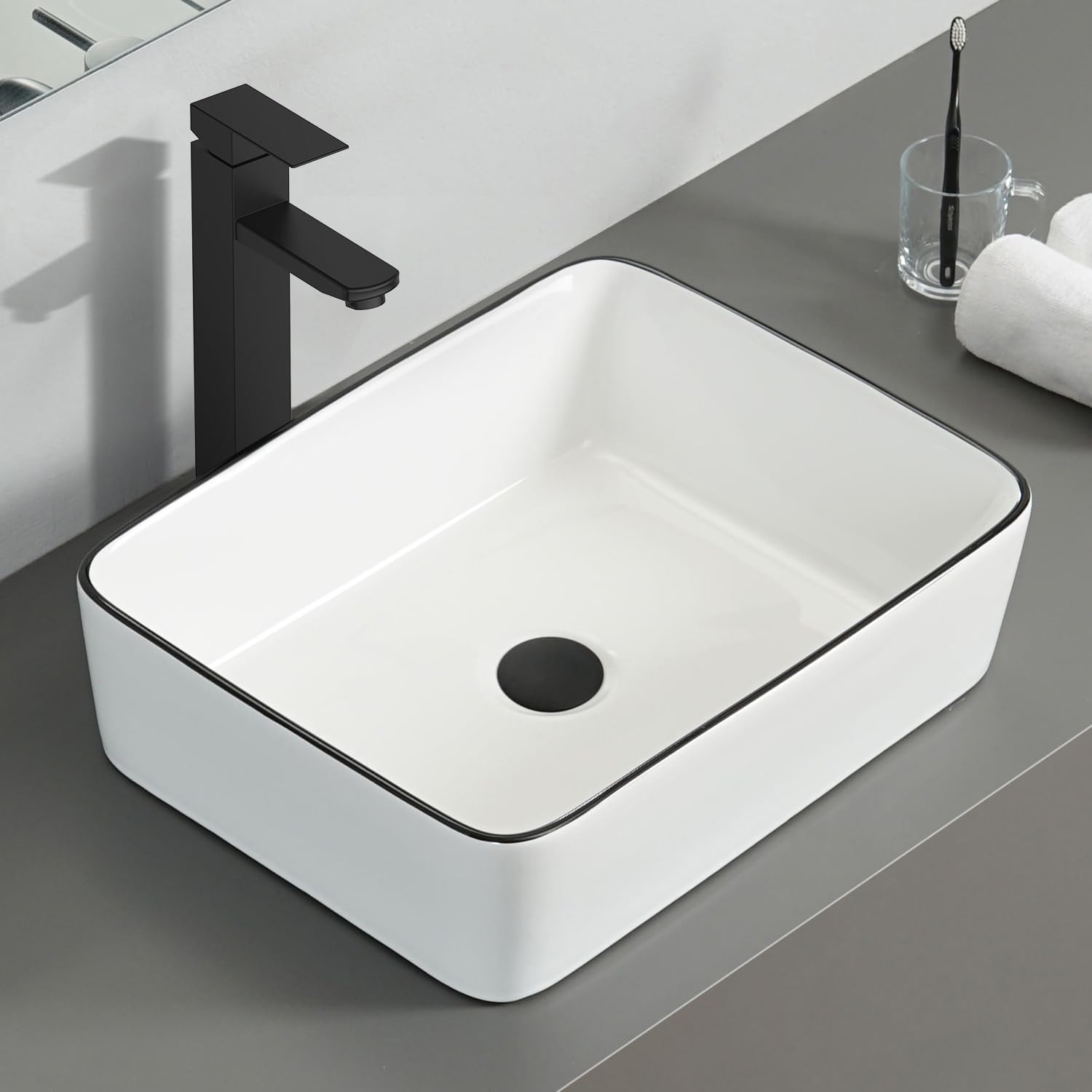 – ARTETHYS Bathroom Sink, Countertop Wash Basin, Ceramic Vessel Washing Bowl Set with Tap, Counter Top Sink with Faucet Pop-up Drain and Water Pipe for Vanity Cabinet Cloakroom, White