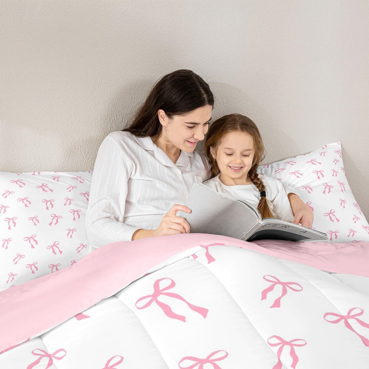 Erosebridal Cute Bowknot Kids Bedding Set Pink Bow Princess Queen Comforter Set Watercolor Bow Knot Bedding Comforter Sets Simple Pink and White Duvet Insert Reversive Decor