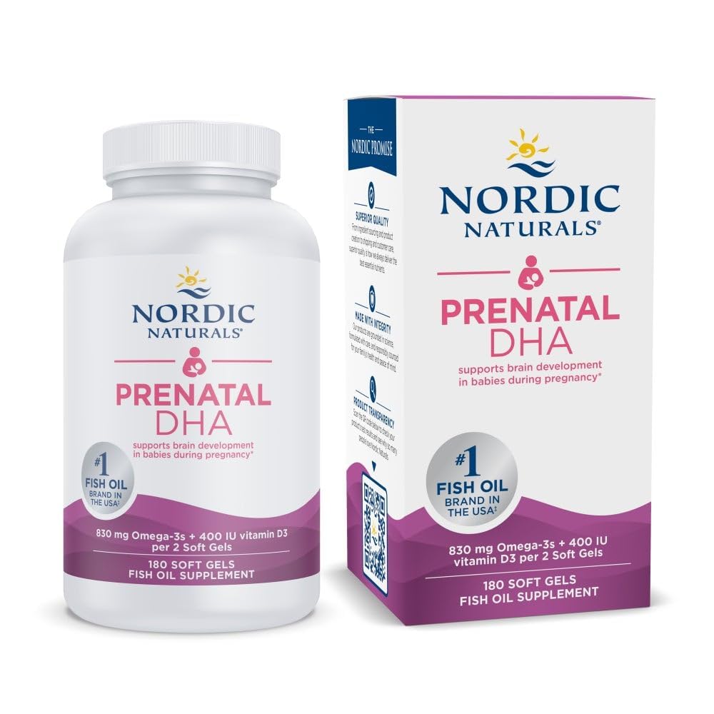 Nordic NaturalsPrenatal DHA, Unflavored - 830 mg Omega-3 + 400 IU Vitamin D3-180 Soft Gels - Supports Brain Development in Babies During Pregnancy & Lactation - Non-GMO - 90 Servings