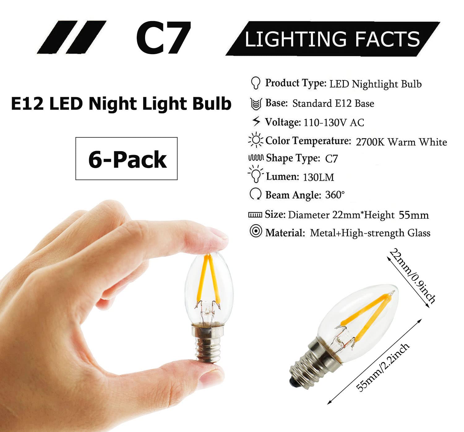 Mini bombillas LED nocturnas, bombillas LED C7 E12, equivalente a incandescente de 15 W, cadena de luces navideñas de 2700 K, bombilla de filamento LED retro, no regulable (blanco cálido)