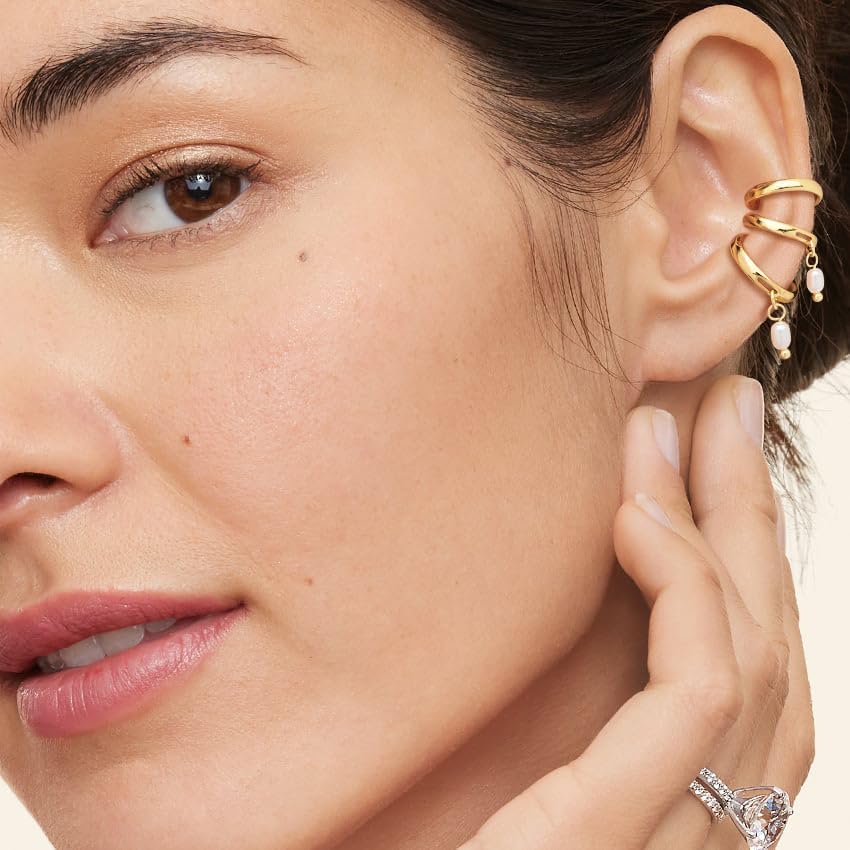 Tewiky Gold Ear Cuff Earrings for Women Non Piercing, 14K Gold Plated Ear Cuffs Non Piercing, Clip-On Cartilage Earring, Fake Earrings For Women, Set C of 3 Ear Cuffs, Pearl Ear Cuff Set - Image 2