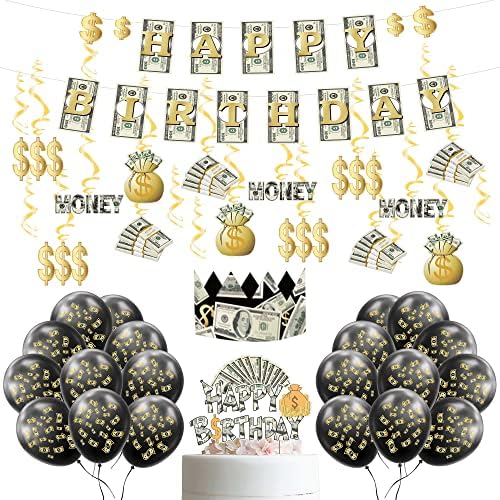 Money Themed Decoration KIT Bill Dollar Signs Birthday Banner Money Cake Topper Balloons Hanging Swirls Crown Set for Birthday Casino Wedding Showers Retirement Anniversary Graduations Party