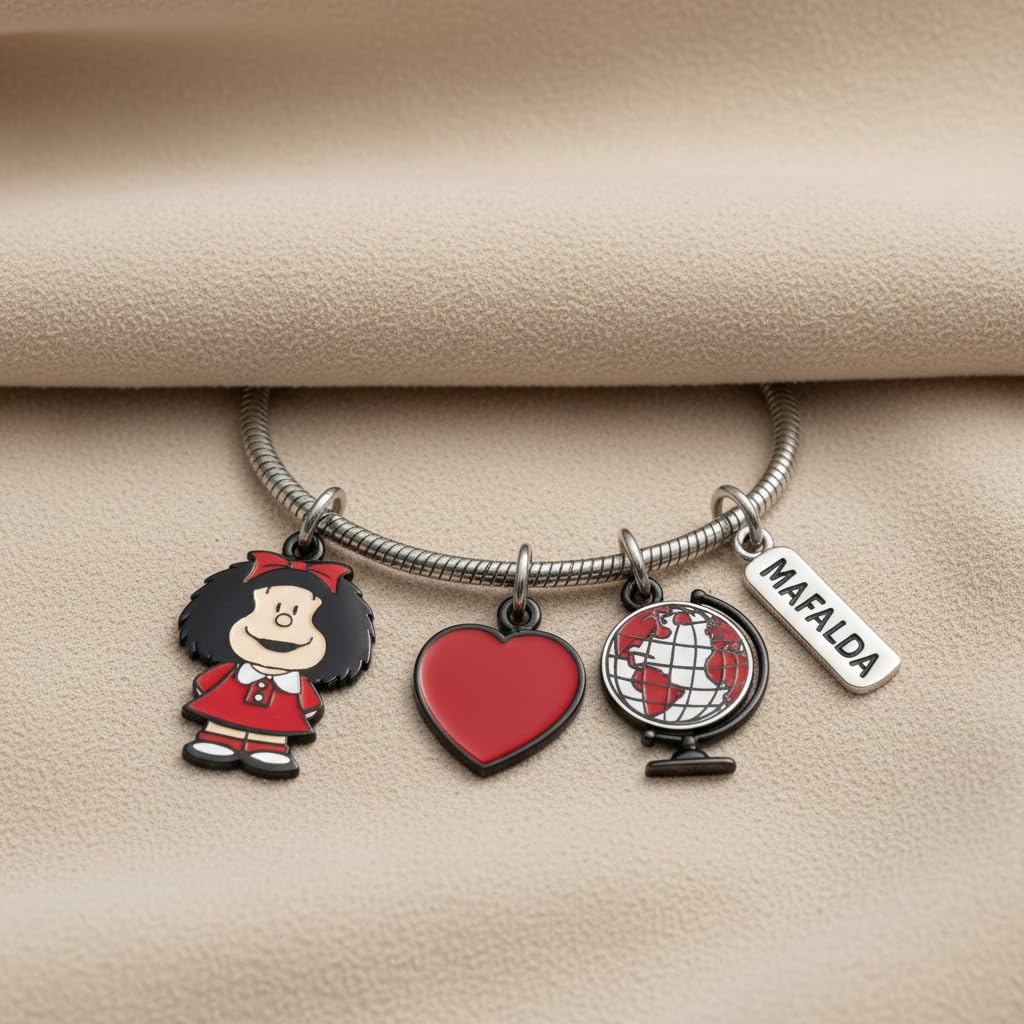 Pulsera de Acero Inoxidable con Charms Mafalda Sonríe - Licencia Oficial Quino, Rojo, Talla Única