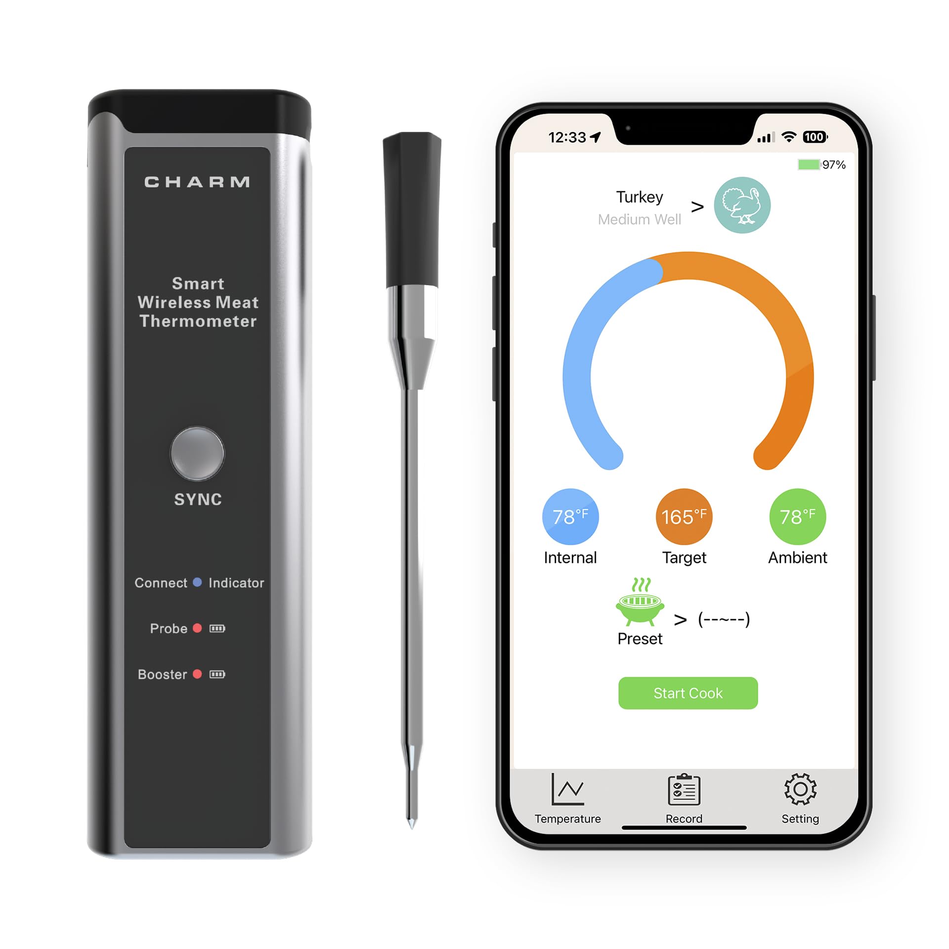 Charm Wireless Smart Meat Thermometer 1000°F Open Flame Grilling - 500 ft Bluetooth Long Range BBQ Thermometer for BBQ, Grill, and Smoker - Dual Temperature Sensors App-Controlled Food Thermometer