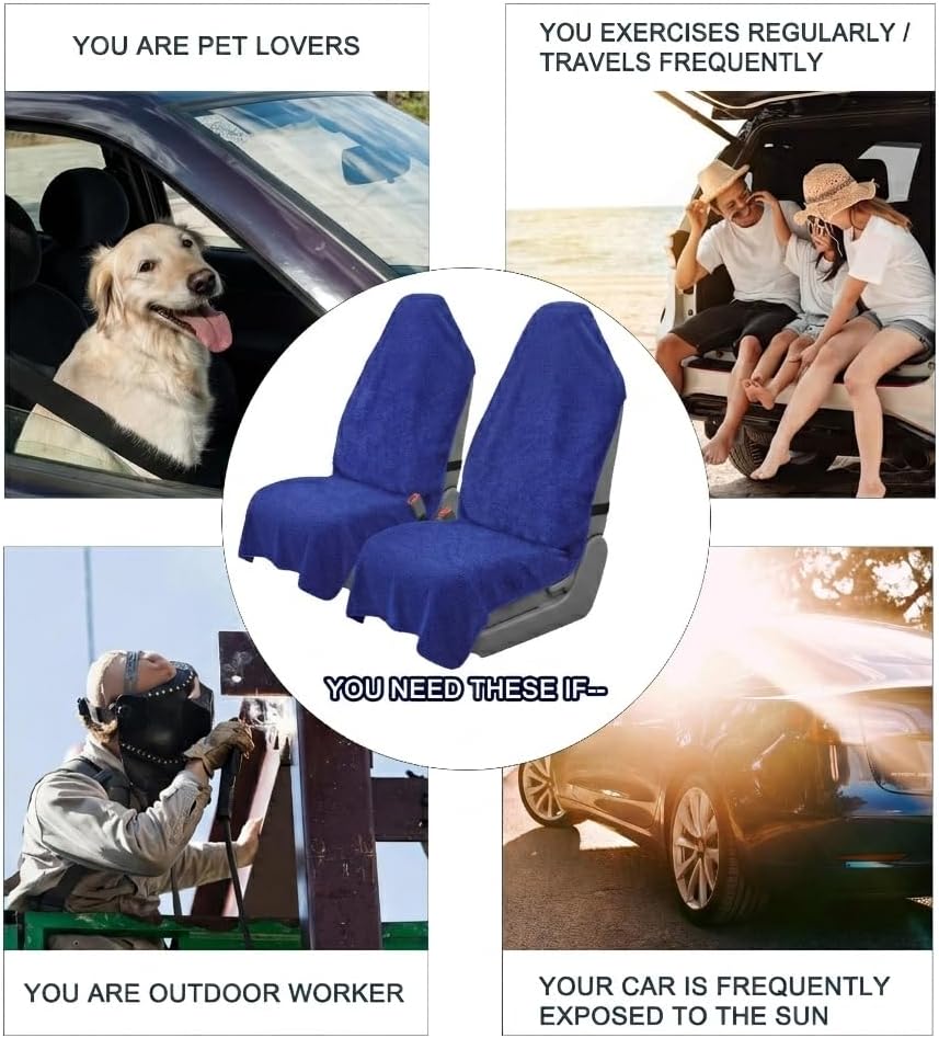 Car Seat Towel Cover, 2pcs Universal Front Seat Protector for Cars, SUVs and Trucks, Sweat Towel Car Seat Cover for Gym, Yoga, Swimming, Pets and Family Travel, Blue