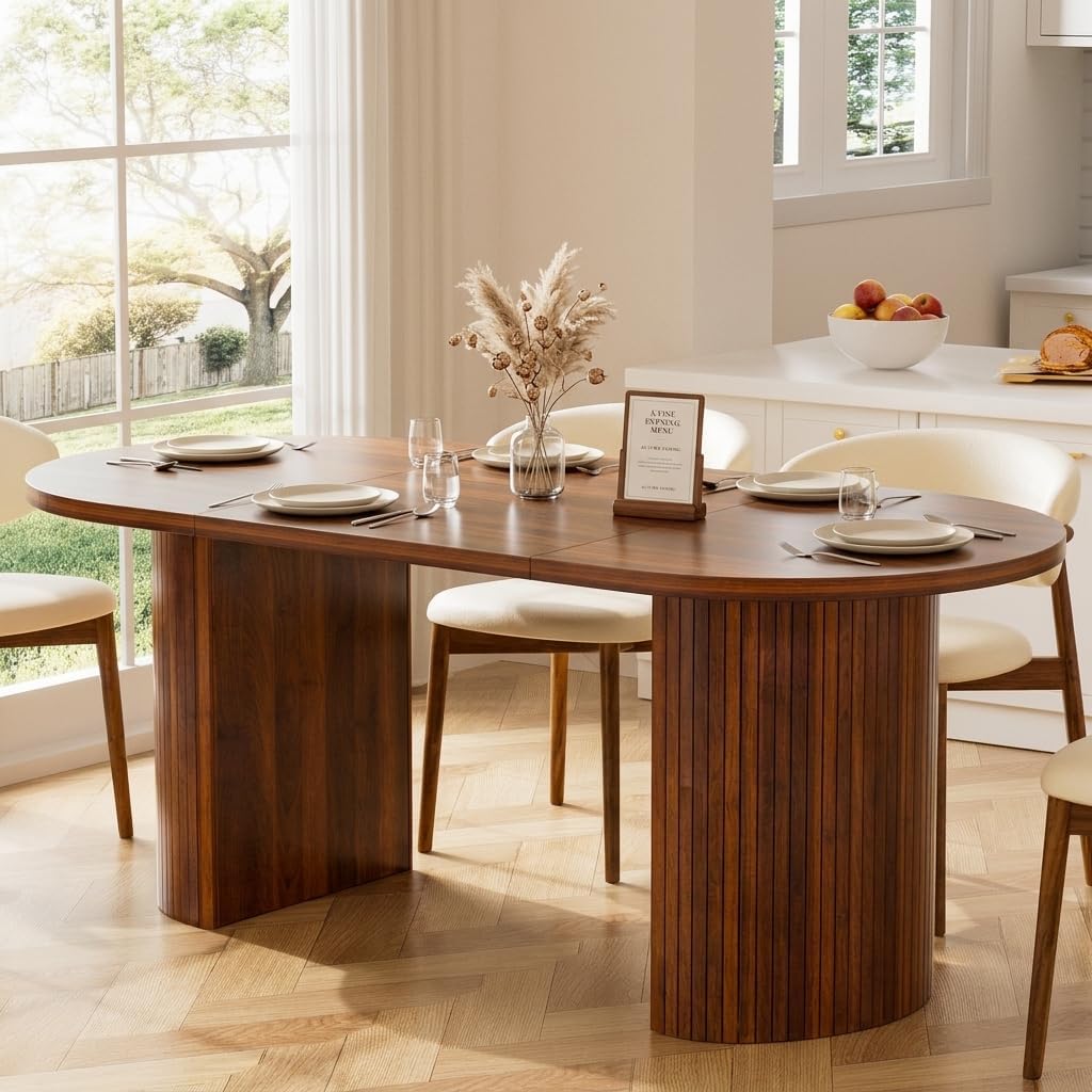 70.8" Oval Dining Table for 4-6 People, Mid-Century Modern Kitchen Table with Hidden Storage, Oval Dining Table with Fluted Tambour Doors for Dining Room, Living Room, Home Office, Walnut