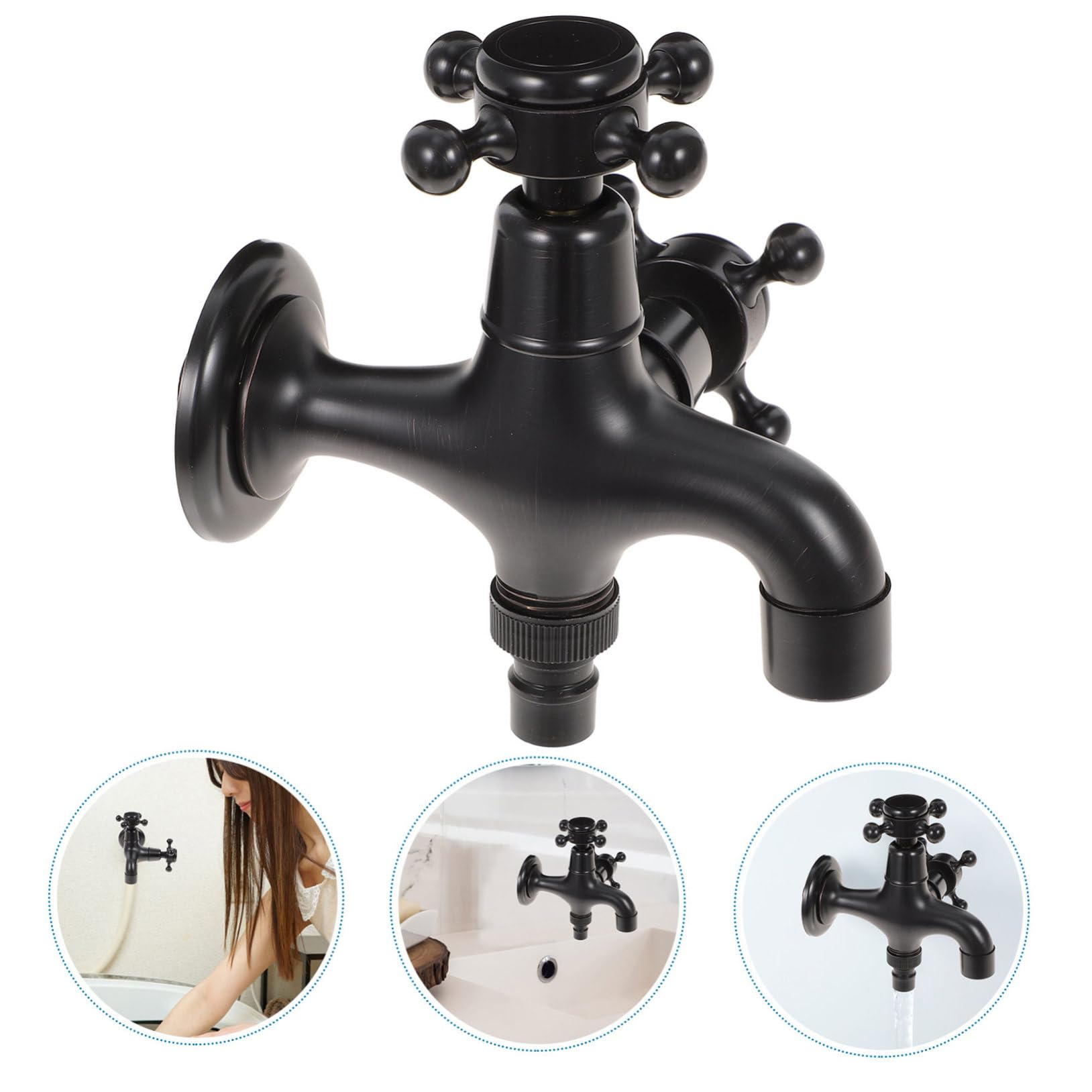 GALPADA Rubinetto Lavatrice a Via in Ottone Doppia Uscita Nero Stile Vintage Per Bagno e Cucina Aumento Pressione, Accessori Per Lavandino e Lavatrice
