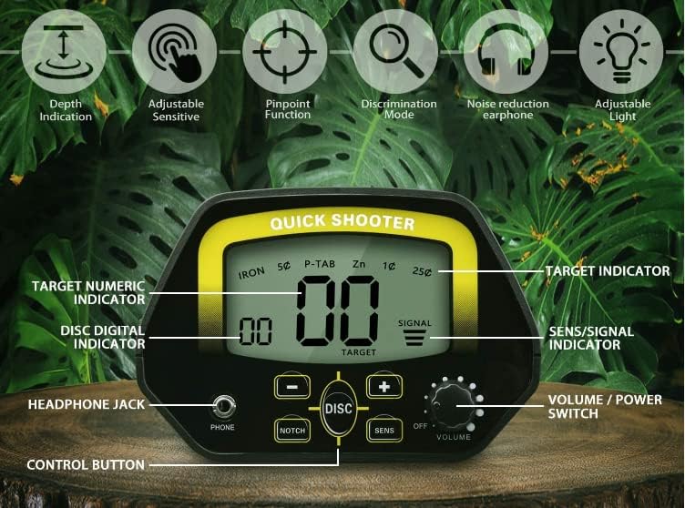 Close-up view of the VIHELM MD3030 metal detector's control panel, showing the LCD display with target numeric indicator, disc digital indicator, SENS/signal indicator, headphone jack, control buttons, and volume/power switch.