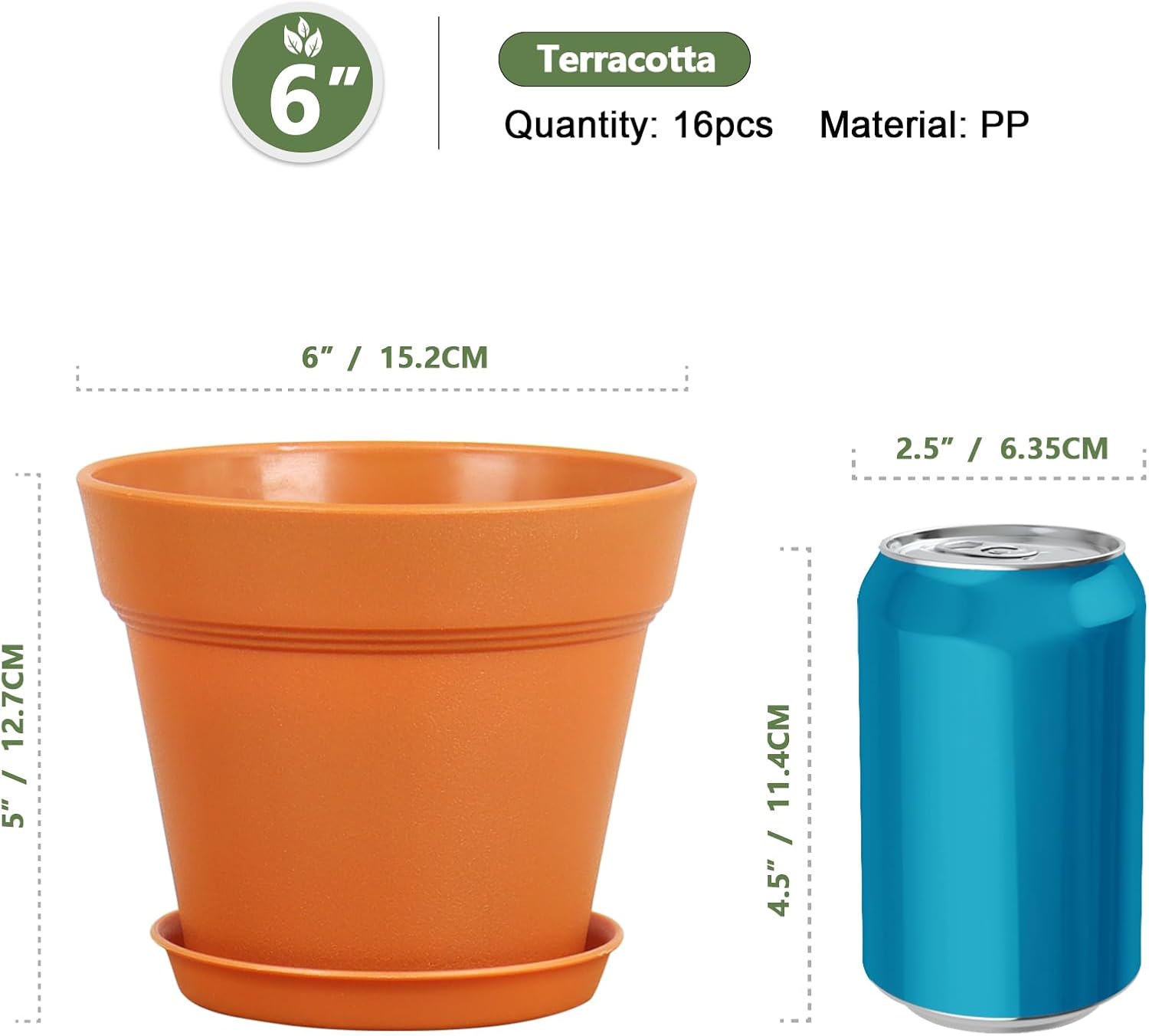 Meowell 6 inch Plastic Nursery Pots, 16 Pack Plant Pots for Indoor Outdoor Plants, Flower Pots with Drainage Holes and Saucers, Decorative Seedling Starter Planters for House Plants, Terracotta