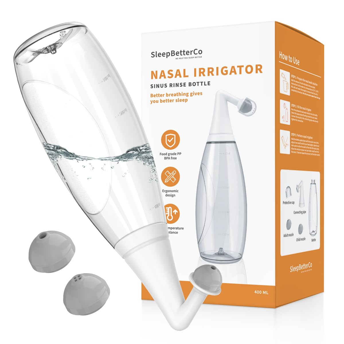 Photo 1 of SleepBetterCo Nasal Irrigator, Sinus Rinse Bottle, BPA-Free, Ergonomic Design, 2 Tips for Adult/Kids, Reduces Snoring, Relieves congestion, Easy to use, Transparent Light-grey