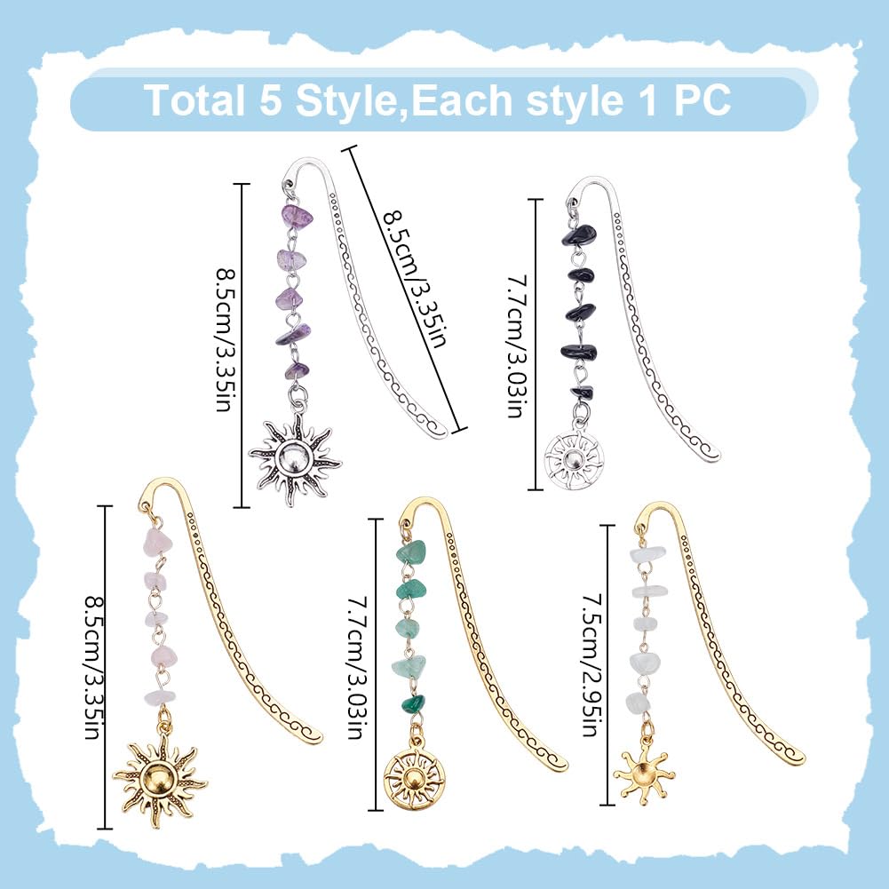 DELORIGIN 5 Styles Sun Bookmark, Gemstone Metal Book Markers, Multipack Silver Gold Bookmarks - Image 2