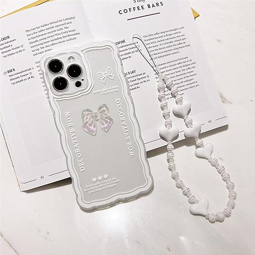 Miniatura 3 de Casechics Funda compatible con iPhone, bonita pajarita de cristal 3D, forma de onda rizada con correa de pulsera de corazón, cadena, transparente,